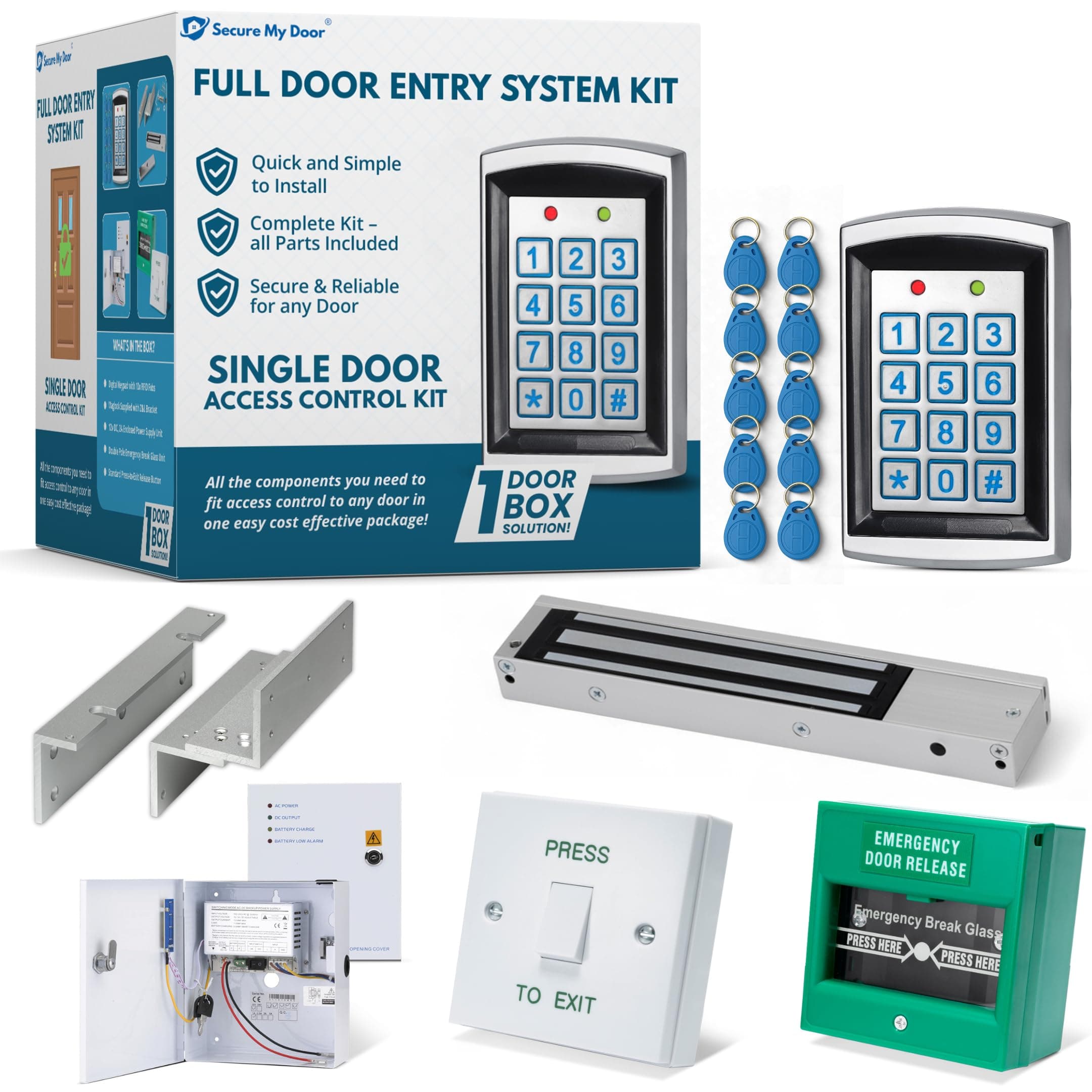 SecureMyDoor - Full Door Entry Kit | Security System with Electric Maglock Lock | Proximity Keypad Entry with x10 RFID Proximity Fobs Included | Ideal for Access Control Residential & Commercial Doors