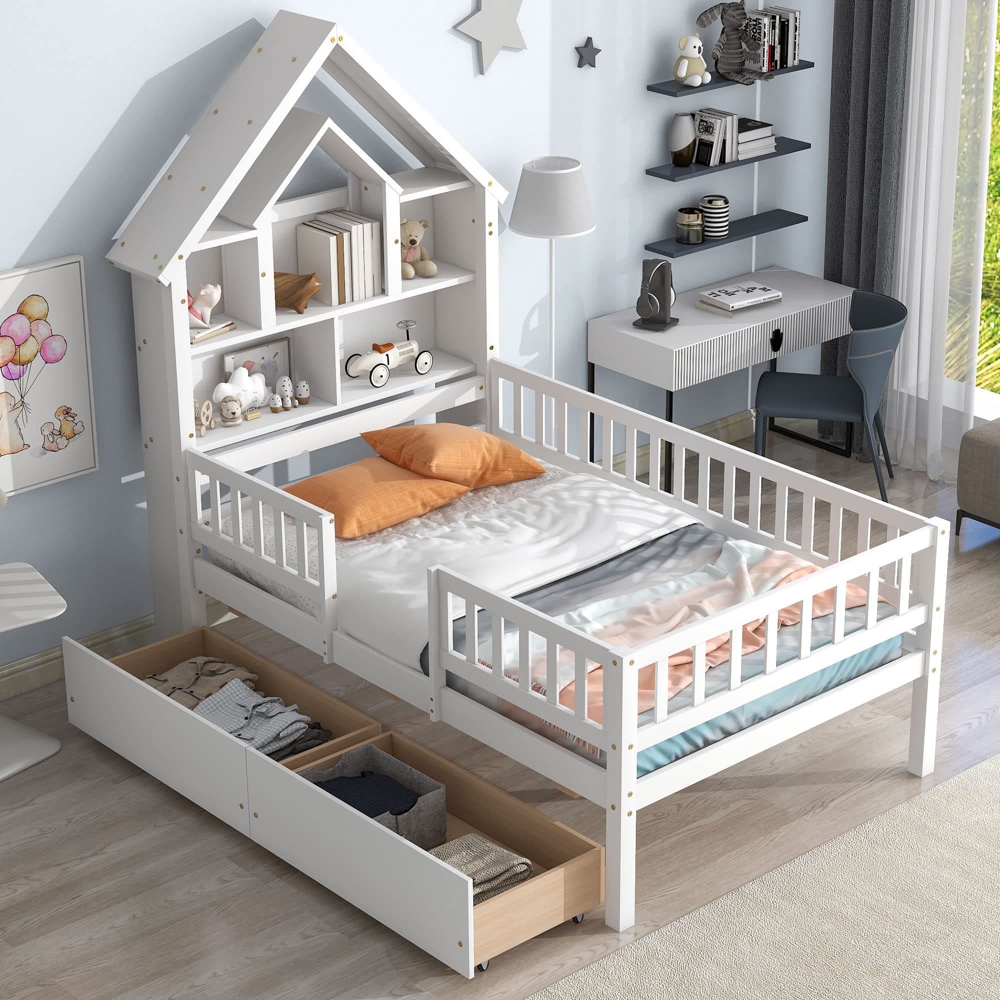 Twin Size Platform Bed with Drawers, Twin Bed Frame with House-Shaped Storage Headboard and Fence Guardrails for Kids Boys Girls, White