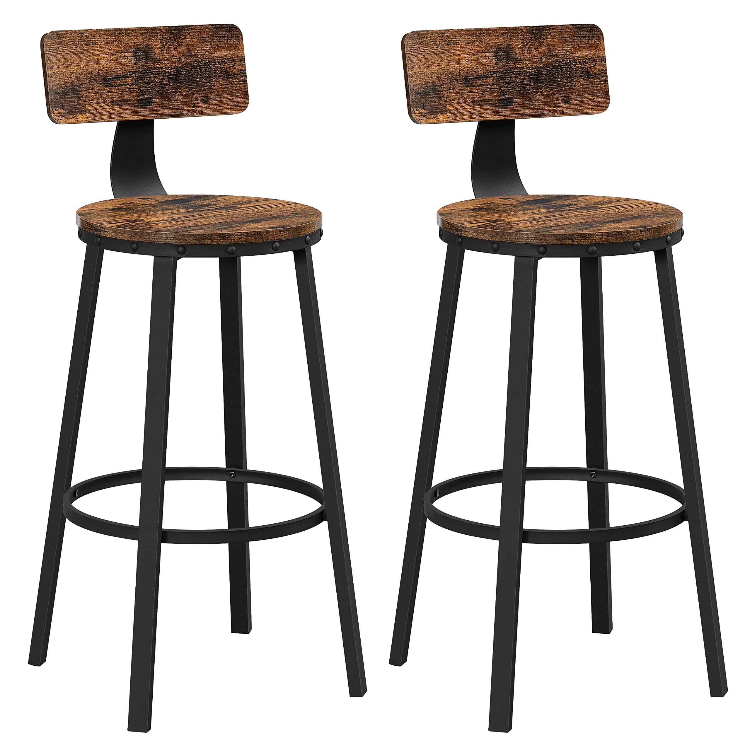 VASAGLE Bar Stools, Set of 2 Tall Bar Stools with Backrest, Kitchen Stools, Steel Frame, 73.2cm High Seat, Easy Assembly, Industrial, Rustic Brown and Black LBC026B01V1