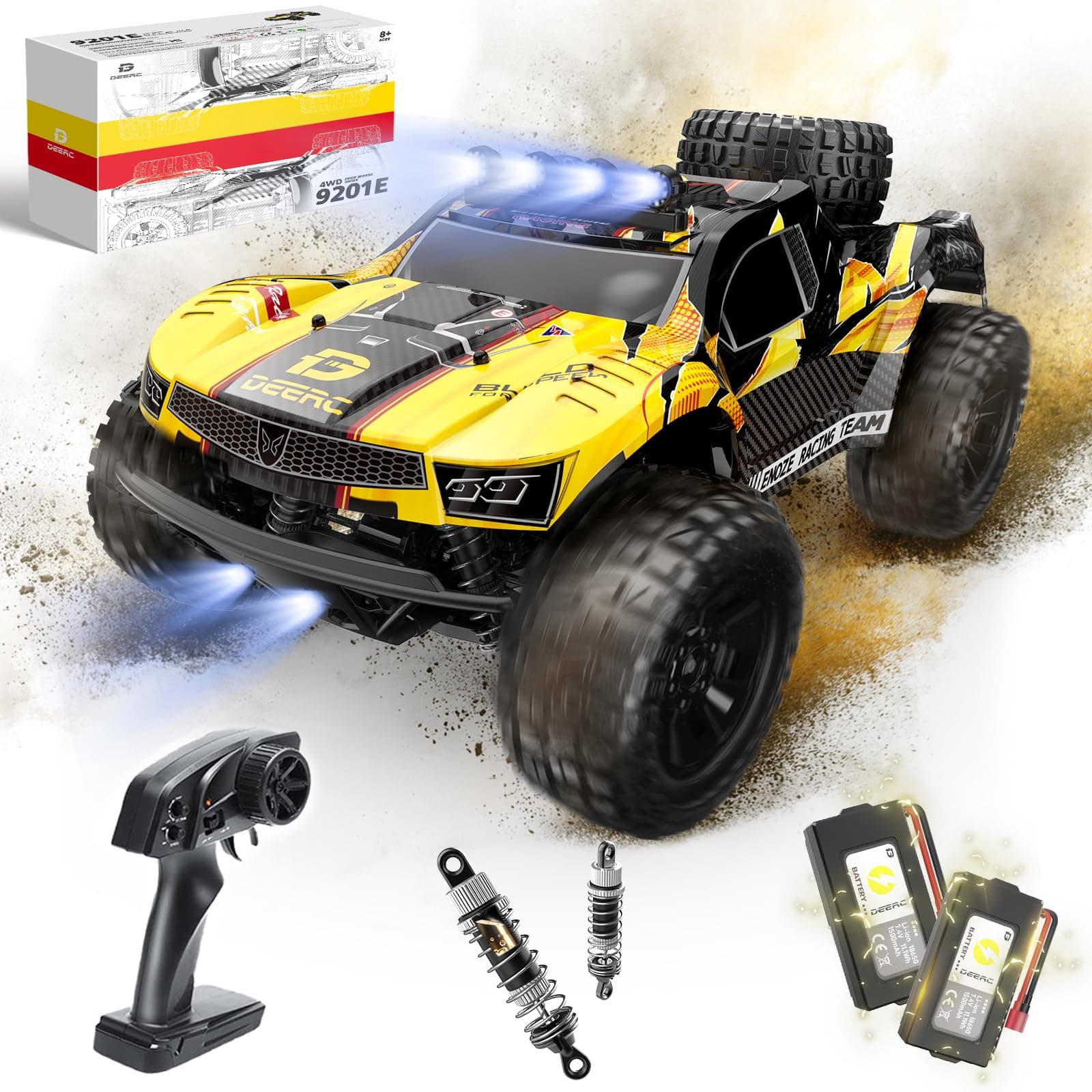 9201E 1:10 Large Remote Control Truck with Lights, Fast Short Course RC Car, 30 MPH 4x4 Off Road, Off Road Toy, Electric Vehicle with 2 Rechargeable Batteries for Adults and