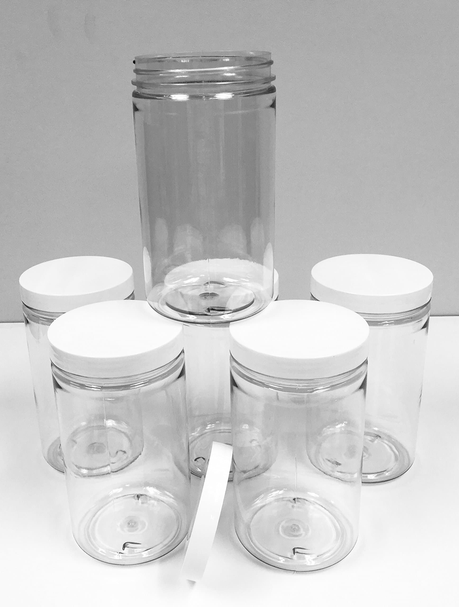 32 Oz Plastic Jars with smooth skirt unlined lids, wide mouth, Bulk Pack of 6, Clear Round Jar & White Lid,-Made in USA