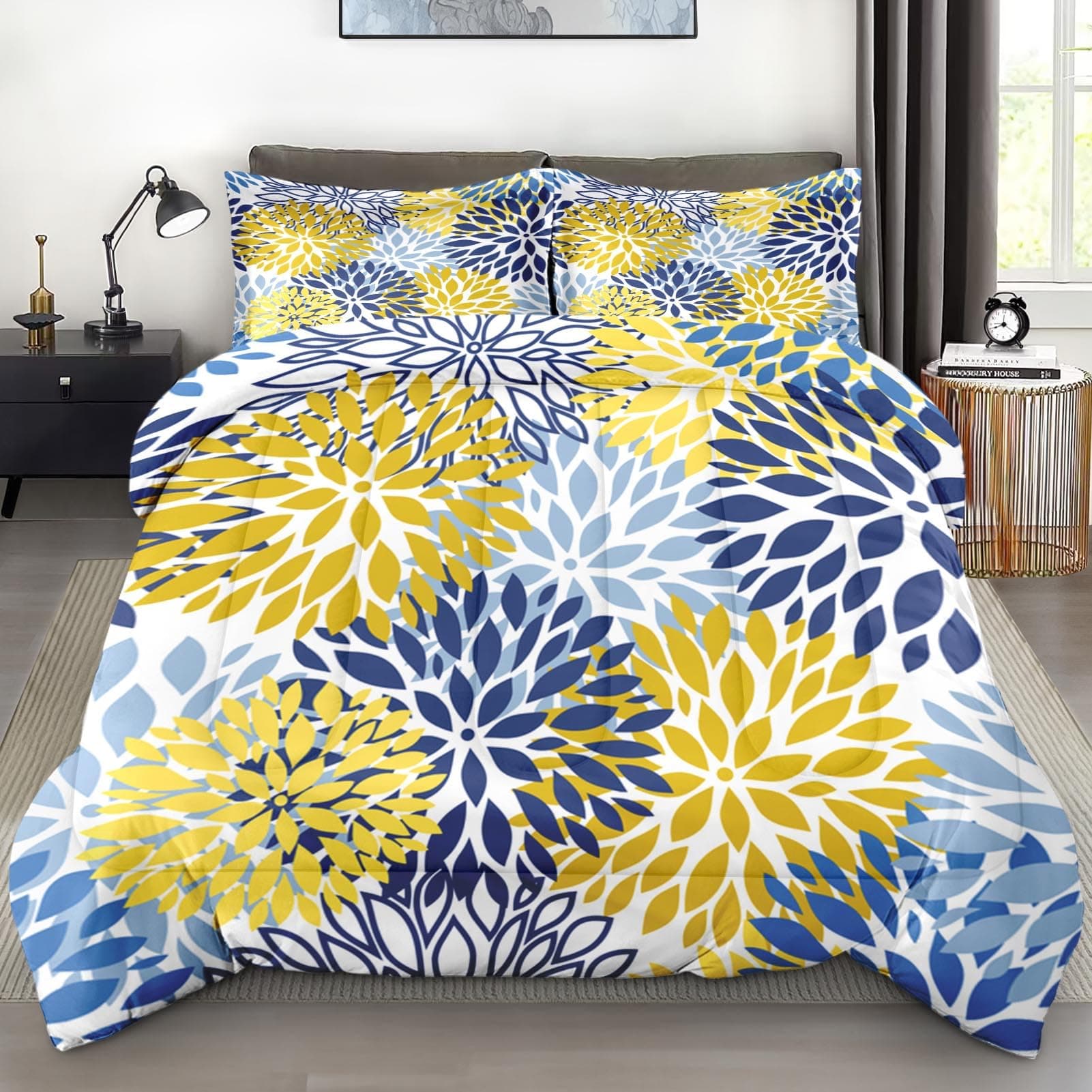 Comforter Set Queen Size, Spring Floral Navy Blue Soft 3 Pcs Bedding for Kids and Adults, Grey Yellow Flower Green Comforter Set with 2 Pillowcases, for Bedroom Bed Decor