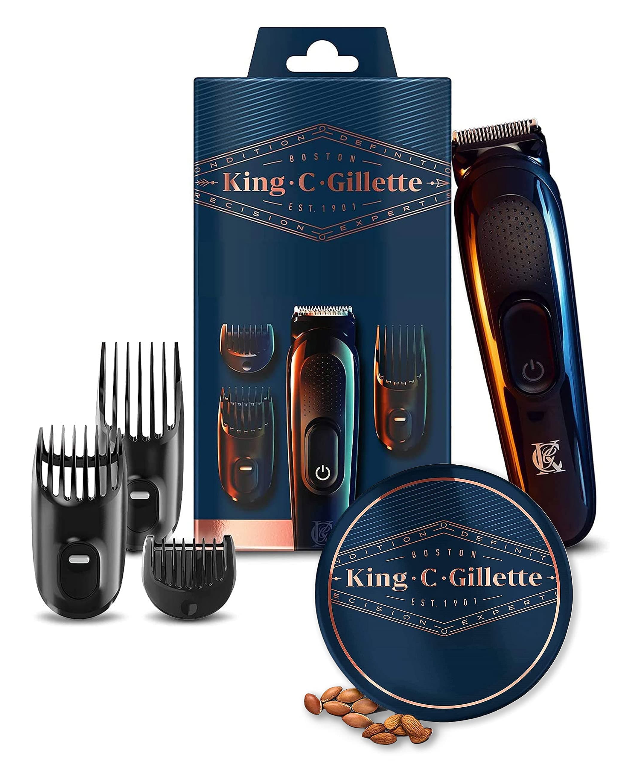 King C. Gillette Beard Grooming Kit for Men Bundle: Beard Trimmer & Hair Clippers + Beard Balm for Men with Cocoa Butter, Argan Oil & Shea Butter, 100 ml, UK Two Pin Plug, Gift Set Ideas for Him/Dad
