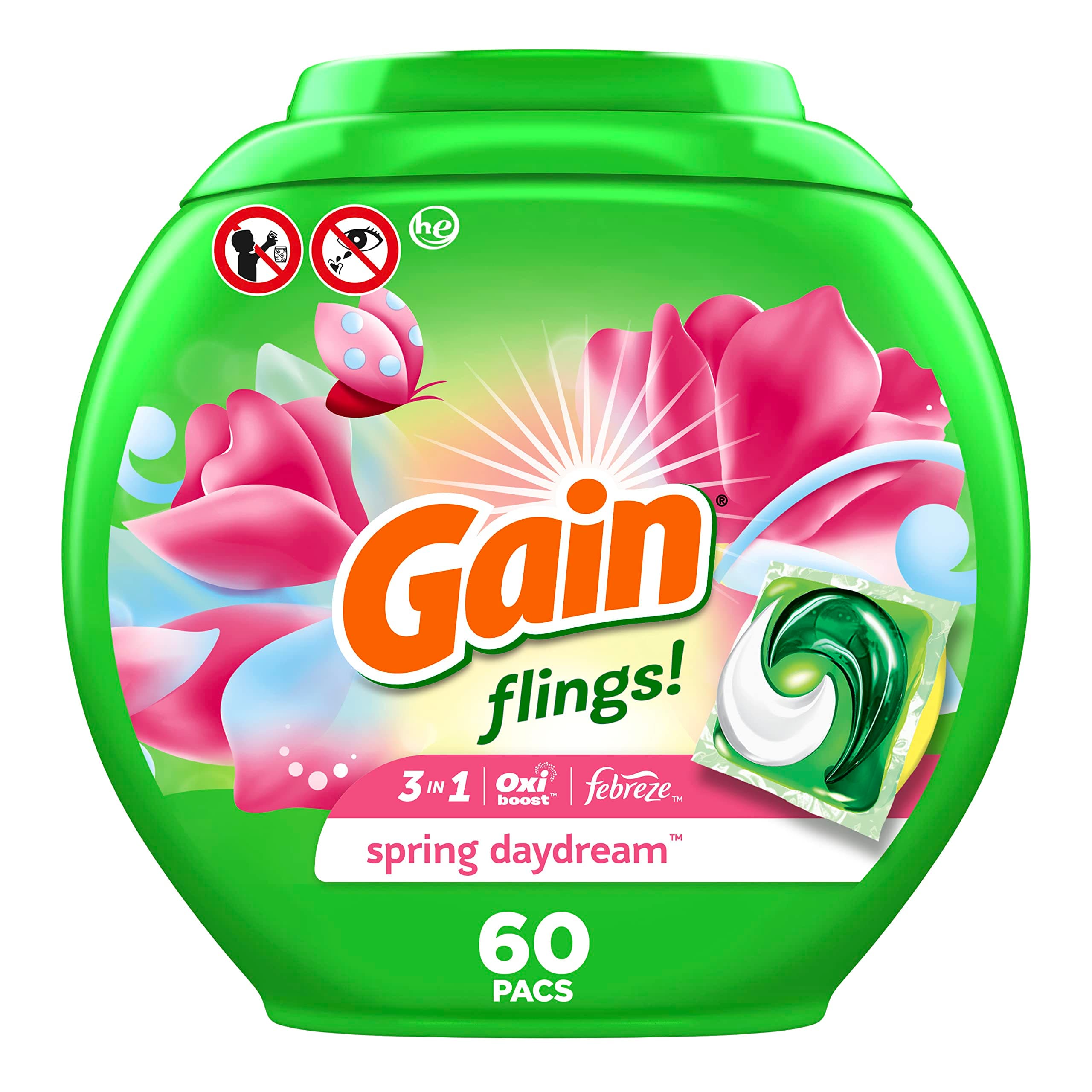 Flings Laundry Detergent Pacs, 60 Count, Spring Daydream Scent, 3 in 1 HE Detergent Pacs with Oxi Boost and Febreeze