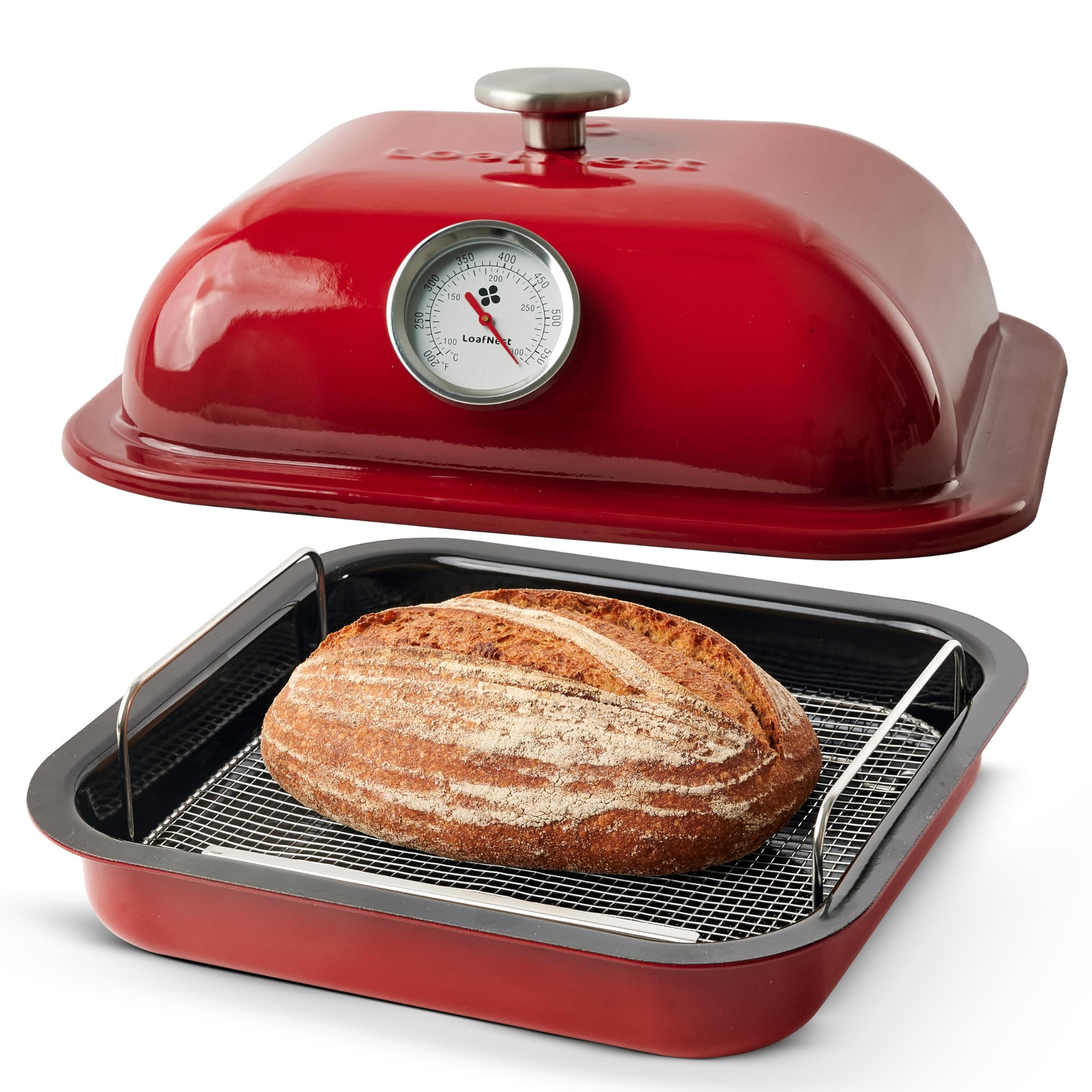 LoafNestinTune Precision Baker : 9 qt (4+5) Multipurpose Baking Dish and Cloche with Built in Oven Thermometer and Water Tray