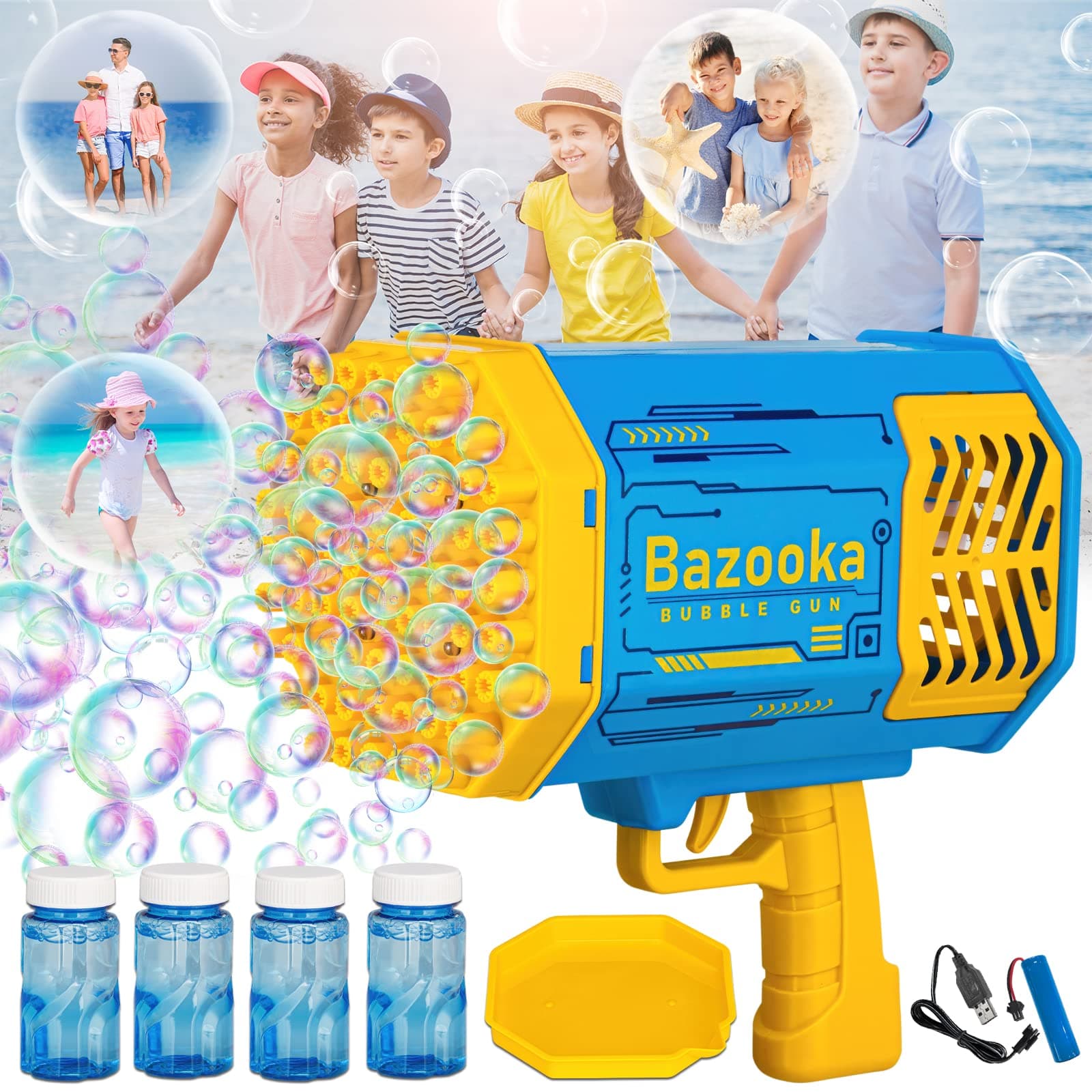69-Hole Bazooka Bubble Gun Machine with Flash Lights|Rocket Boom Blower|Giant Blaster Maker,Toddler Outdoor Toys for Kids Ages 4-8,Gifts 3 5 6 7 Year Old Boys and Girls,Adults (Blue)