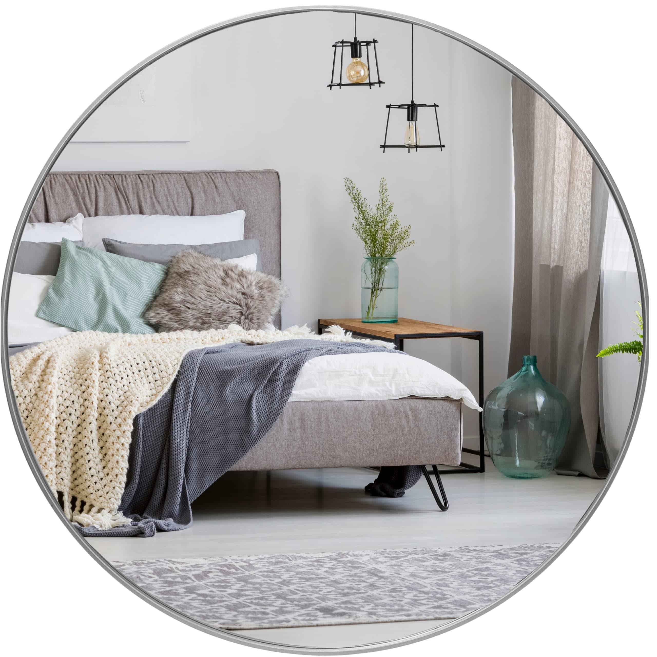 HBCY Creations Round Wall Mirror - 24" / 61cm, Silver Frame - Silver Backed Mirror with Metal Frame - Shatter Resistant, Safe Hanging - Minimalist Design for Entryway, Bathroom, Living Room & More