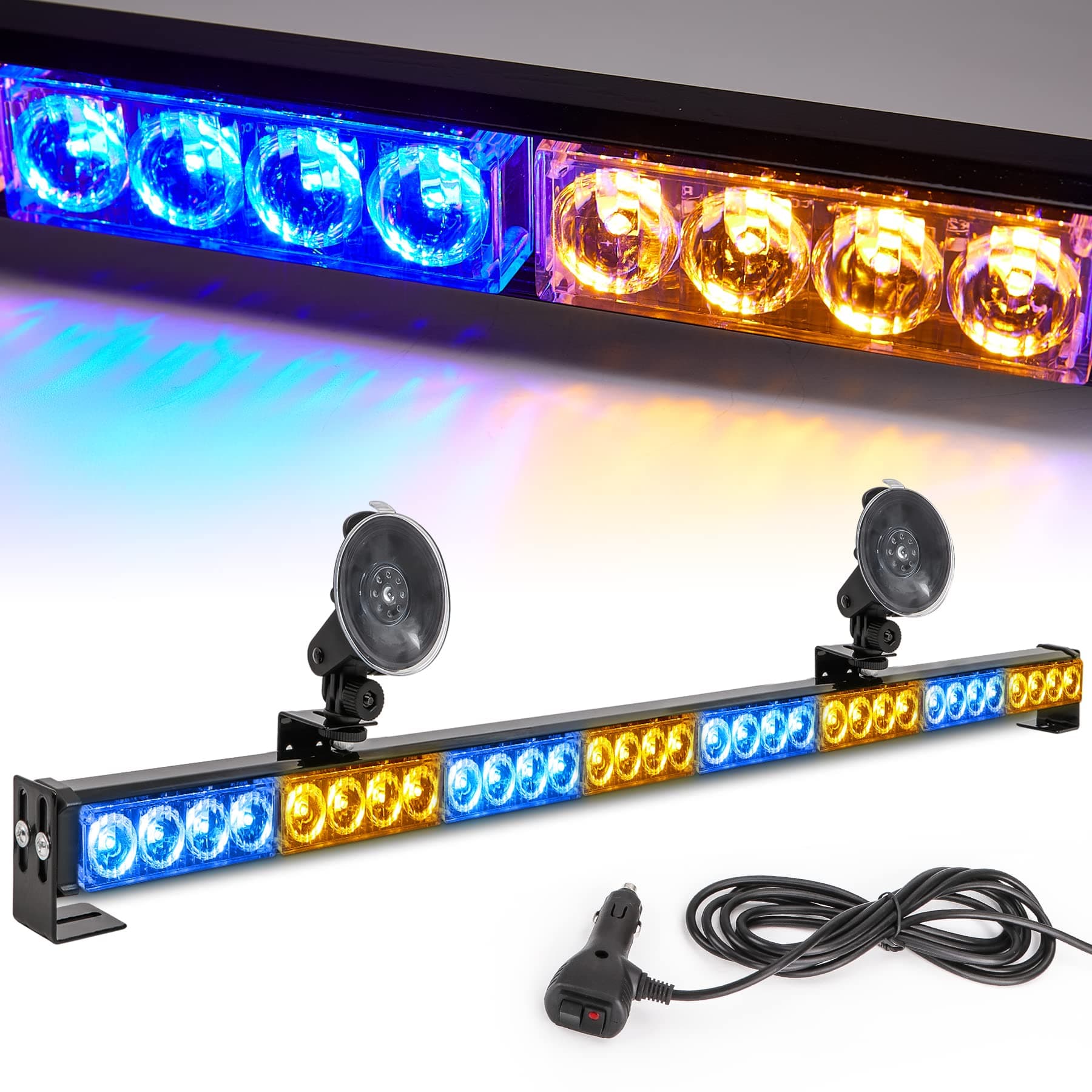 Amber/Blue Emergency Strobe Light Bar 36 In 13 Flash Patterns Traffic Advisor Warning Hazard Windshield Safety Lights Bar with Cigar Lighter for Police Vehicles, Truck (35.5 Inch, Yellow/Blue 32 Led)