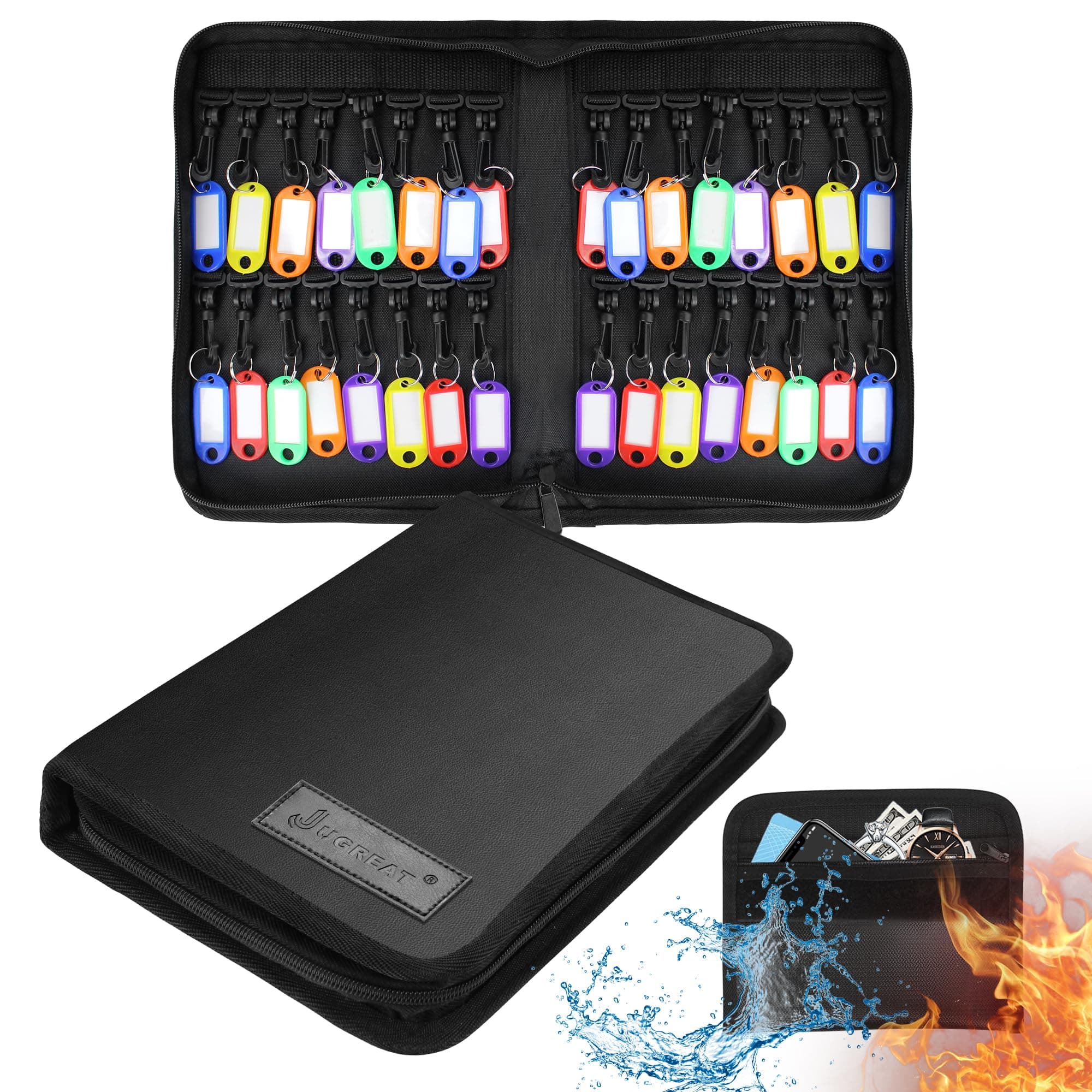 Key Organizer Case with Fireproof Bag, Portable Zippered Leather Key Case with 32 Key Hooks and Tags Key Storage,Zipper Key Organizer Box for Manager & Landlord Estate Sales,Hotel Executives