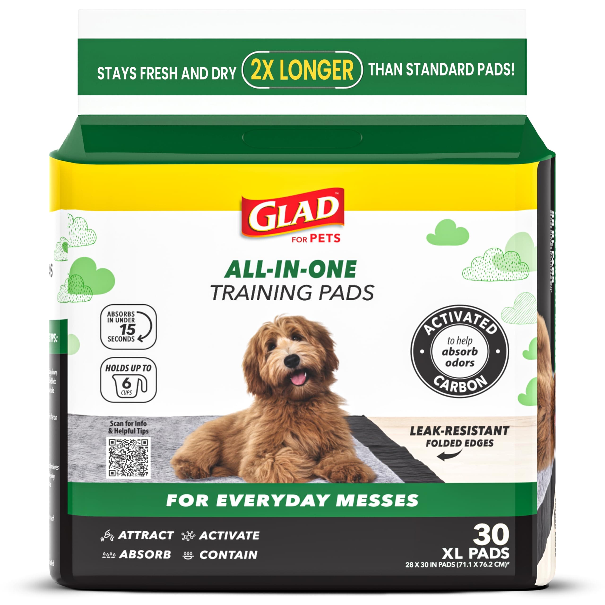 Glad for Pets Extra Large Charcoal Dog Training Pads, Absorbent Leak Proof Pee Pads for Dogs and Puppies, Odor Control Potty Pads with Activated Carbon, 28 x 30 Inches, 30 Count