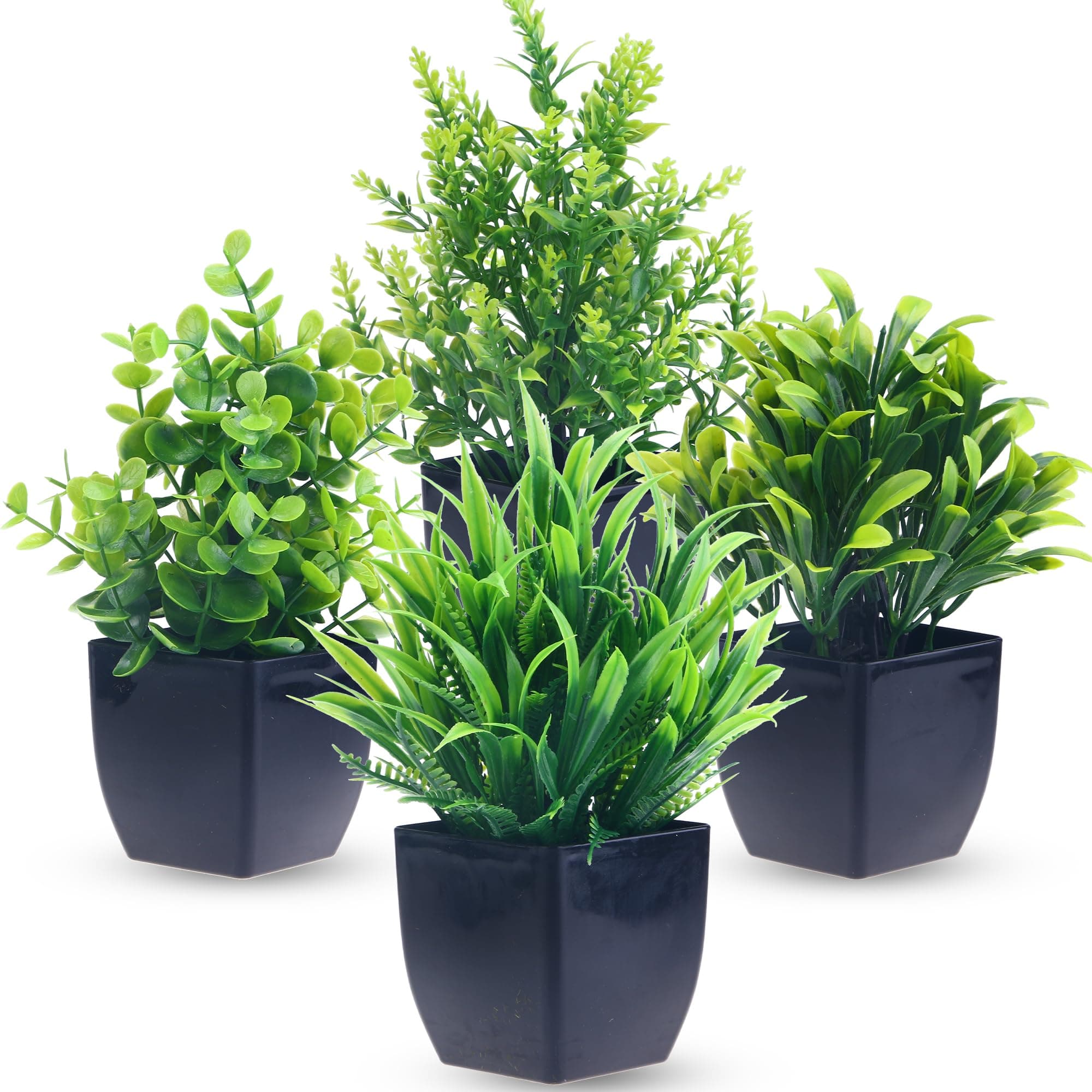 Greentime4 Pack Fake Plants in Black Pot Mini Artificial Eucalyptus Potted Plant Small Faux Grass Greenery Potted for Indoor Home Office Farmhouse Bathroom Table Decoration
