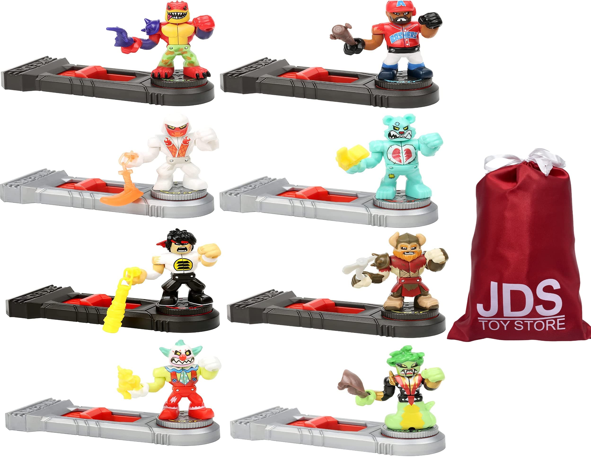 Akedo Mini Battling Arcade Warriors Action Figures 8 Character Pack Versus Tailwhip V White Wraith + Chux Lee V Crackup + Axel V Miss Slither + Slam Granderson V Shreddy Bear