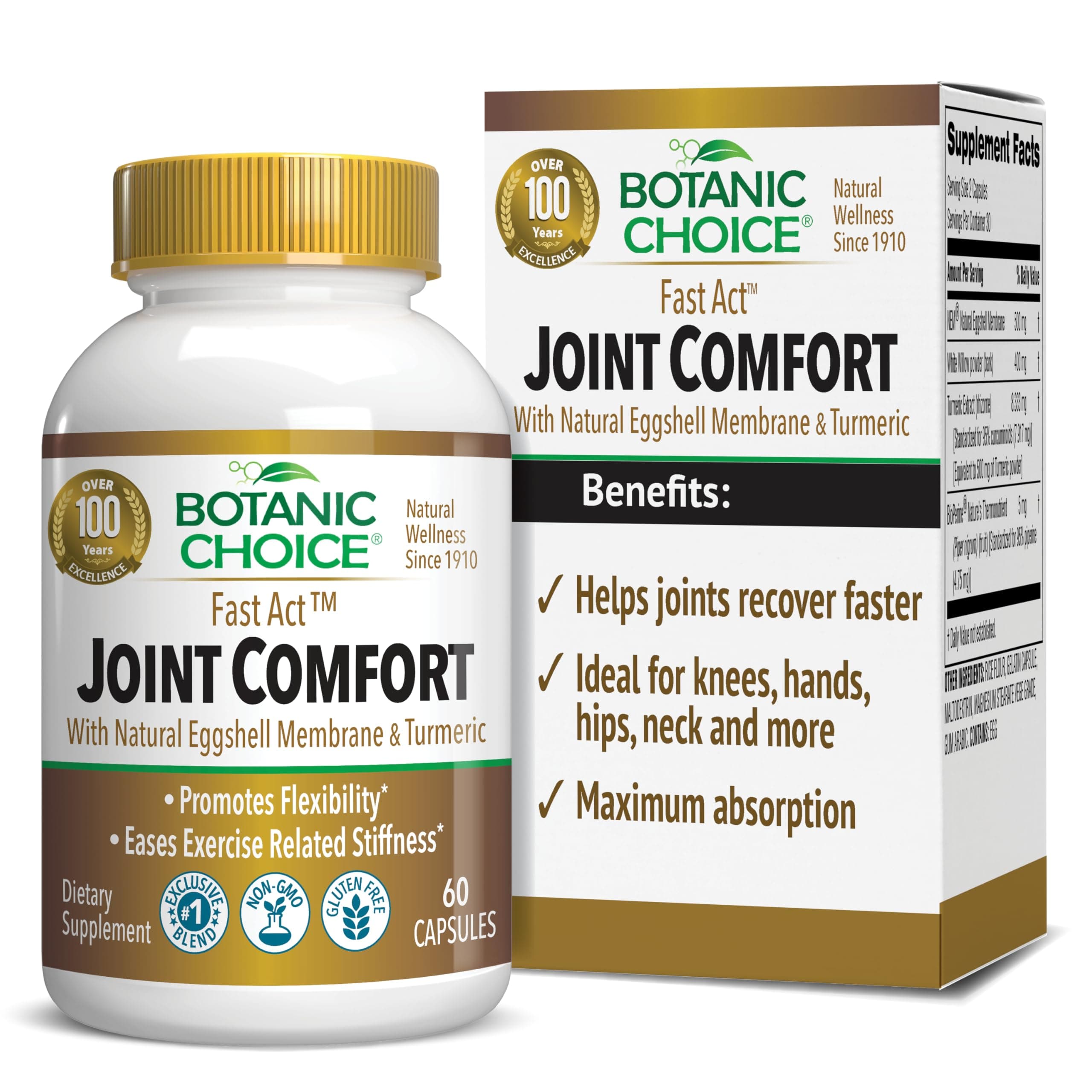 Botanic Choice Fast Act Joint Comfort with NEM Natural Eggshell Membrane, Turmeric Curcumin, Bioperine, & White Willow Bark, Supports Joint Health, 60 500mg Capsules