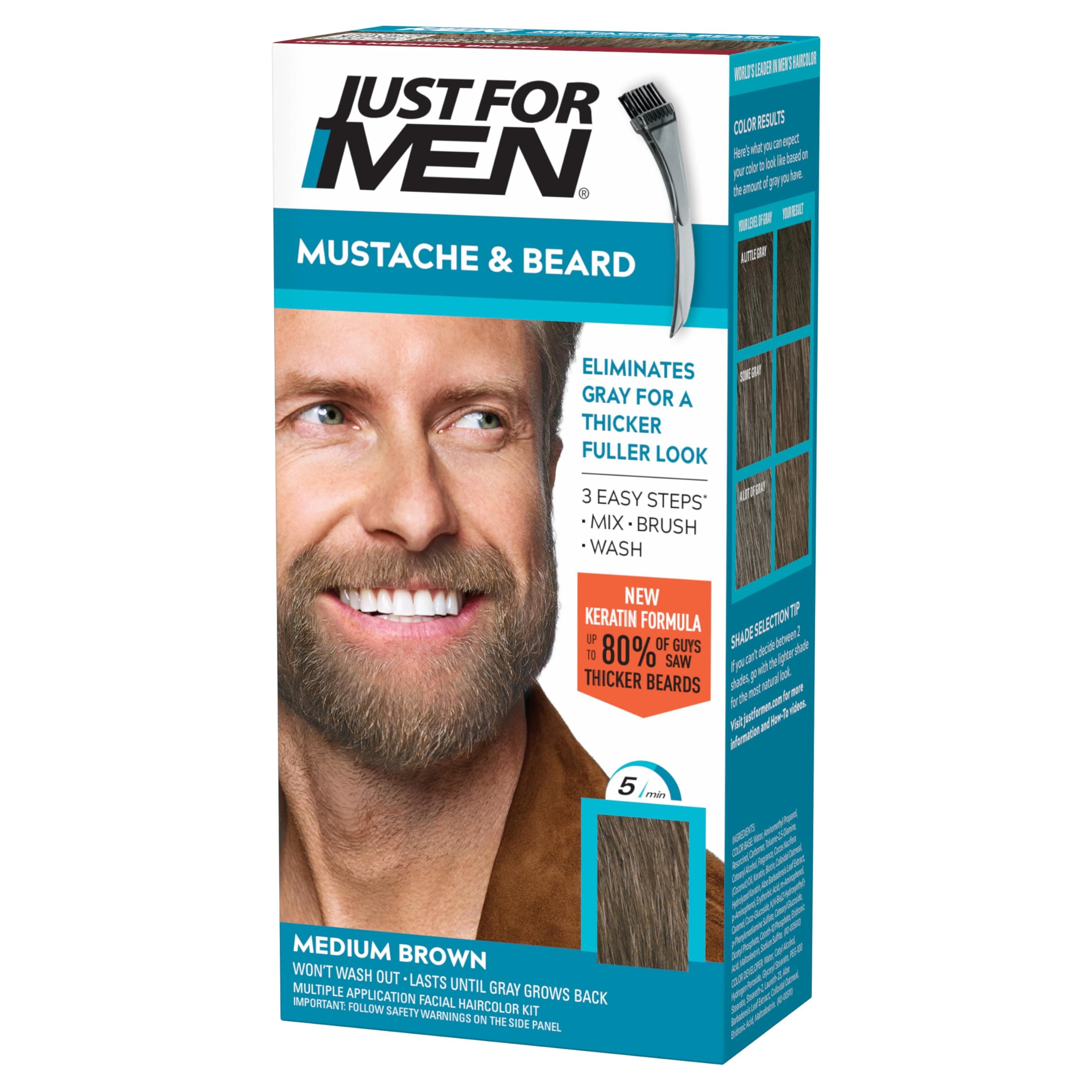 Just For Men Mustache & Beard, Beard Coloring for Gray Hair with Brush, with Keratin Biotin Aloe and Coconut Oil for Healthy Facial Hair - Medium Brown, M-35, Pack of 1 (Packaging May Vary)