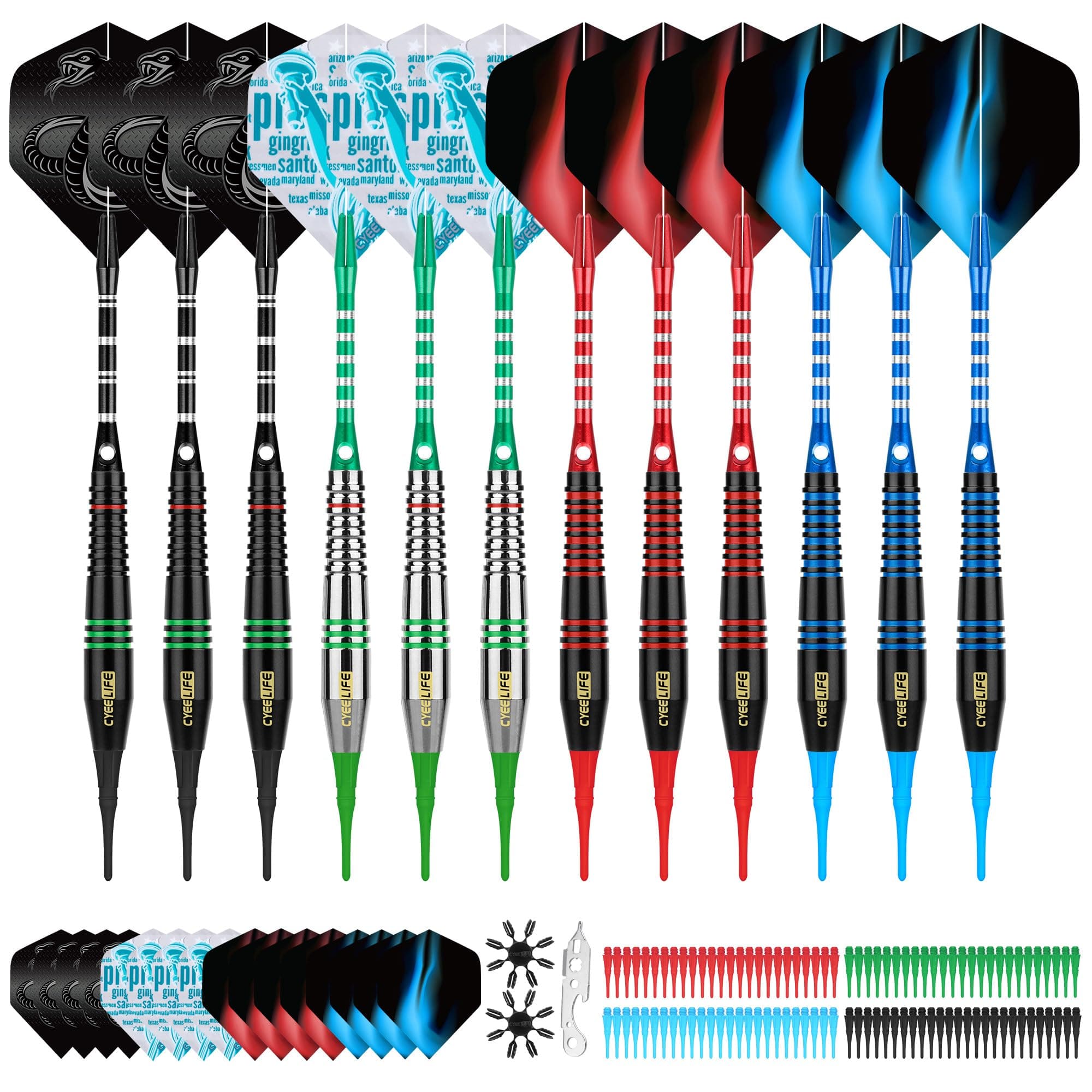 Darts Plastic Tip - Soft Tip Darts Set - 12 Pcs 18 Gram with 4 Colors Premium Aluminum Shafts, 100 Extra Dart Tips 16pcs Flights and 2pcs Flight Protectors for Electronic Dart Board