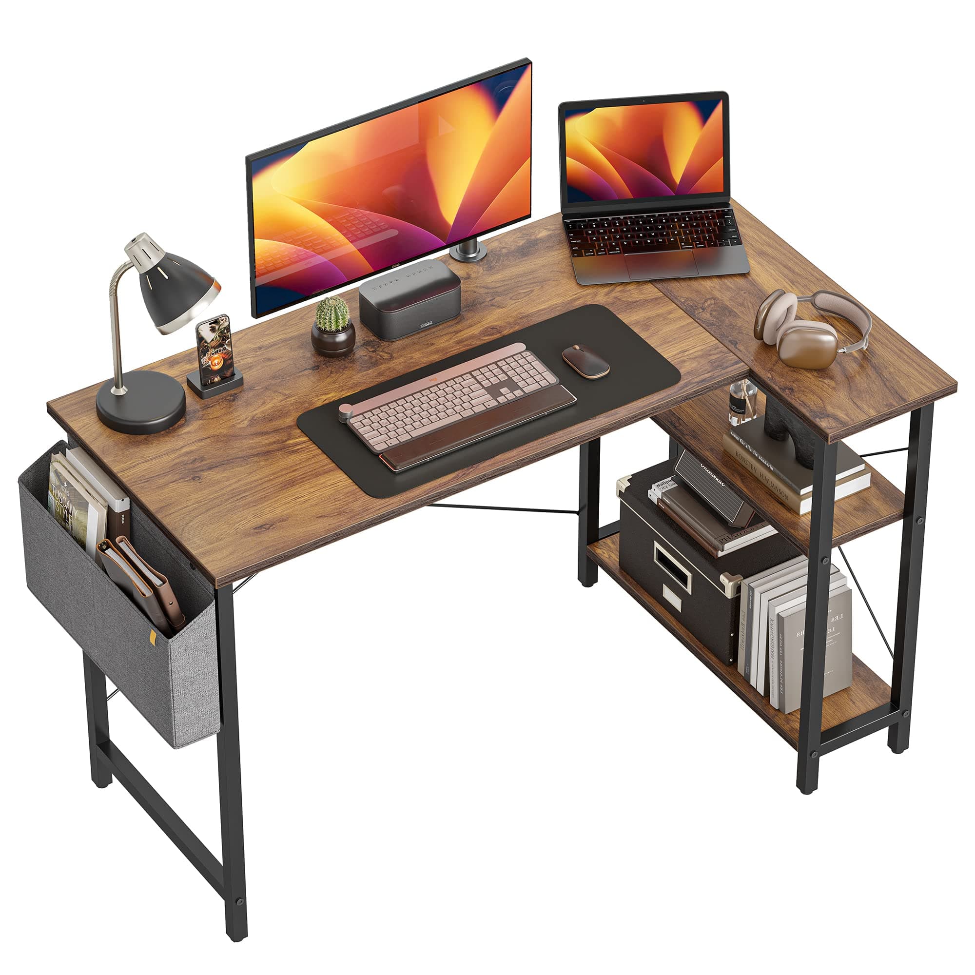 CubiCubi L Shaped Gaming Desk, 100x70 cm Computer Desk with Storage Bag, Office Desk Writing Table with Large Reversible Storage Shelves, Workstation for Study Play Work Home Office, Rustic Brown