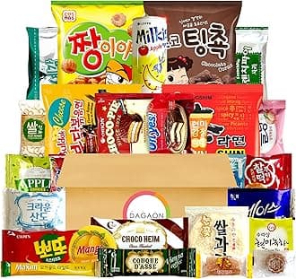 Dagaon Delightful Korean Snack Box 28 Count – Tasty Korean Snacks and Foods Including Chips, Biscuits, Cookies, Pies, Candies, Drinks, Ramen Noodles. Assortment of Korean treats and foods for everyone.