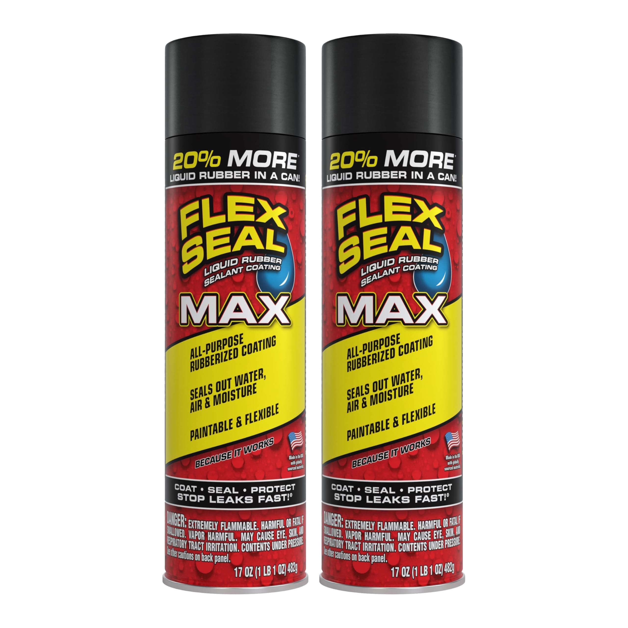 Flex Seal MAX, 17 oz, 2-Pack, Black, Stop Leaks Instantly, Waterproof Rubber Spray On Sealant Coating, Perfect for Gutters, Wood, RV, Campers, Roof Repair, Skylights, Windows, and More