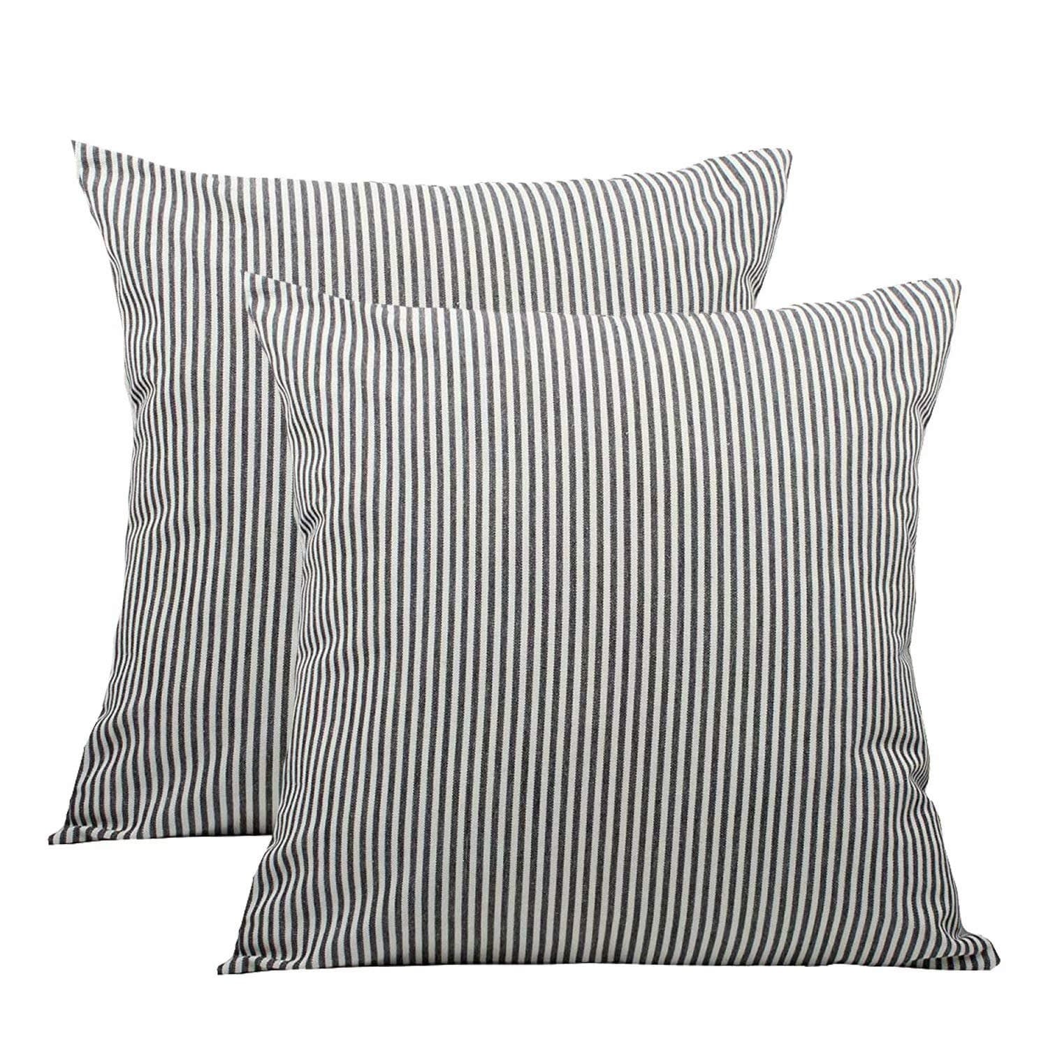 Throw Pillow Covers 18x18 - Decorative Pillows for Couch Set of 2 Rustic Linen Striped Cushion Cover Soft Large Pillowcase for Bedding Home Decor, Sofa, Outdoor Farmhouse Fall Black and White