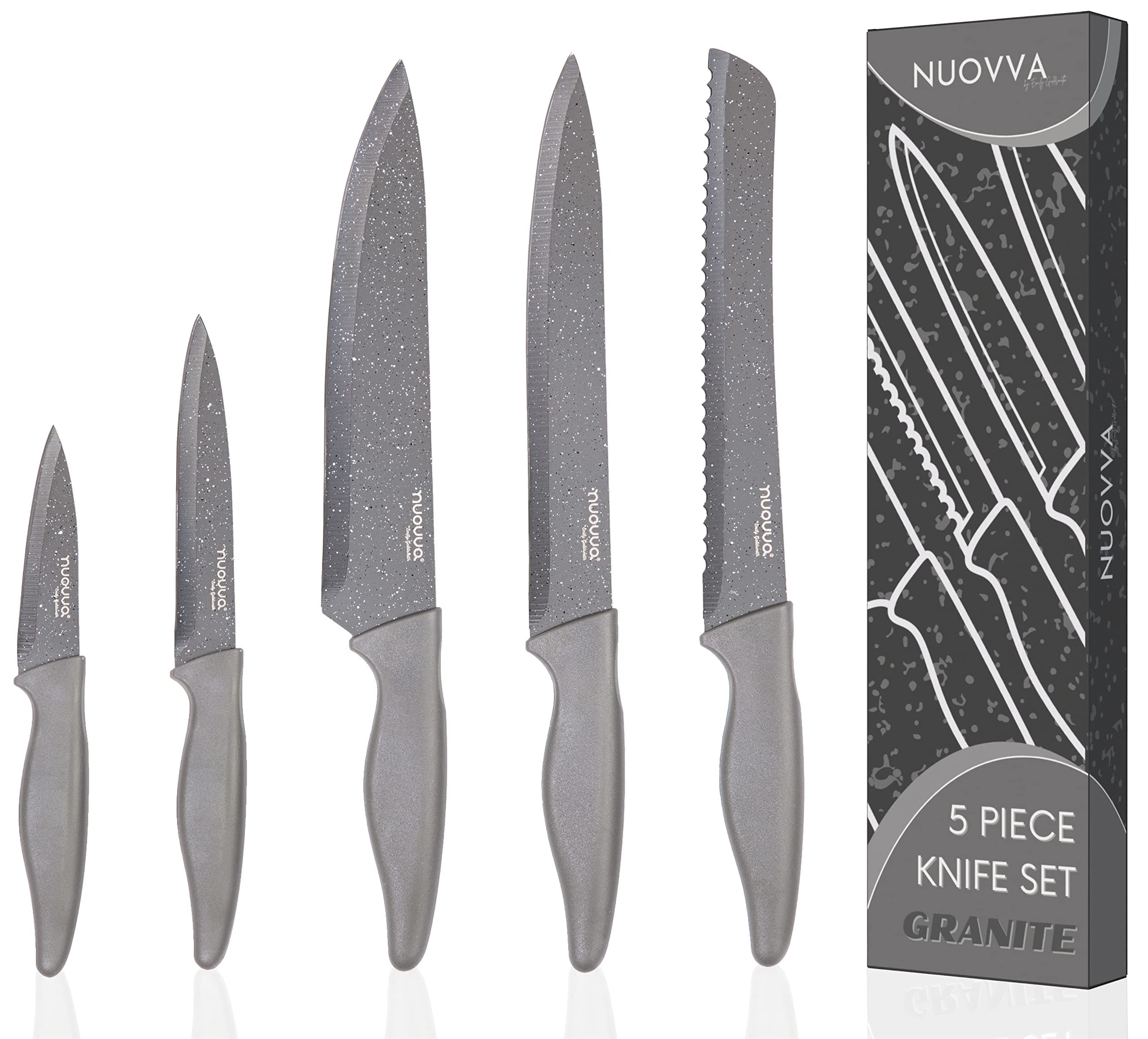 nuovva Professional Kitchen Knife Set – 5Pcs Stainless Steel Grey Granite Knife Set - Sharp & Non Stick Blades Lightweight – Chef, Bread, Utility, Filleting & Paring Tools