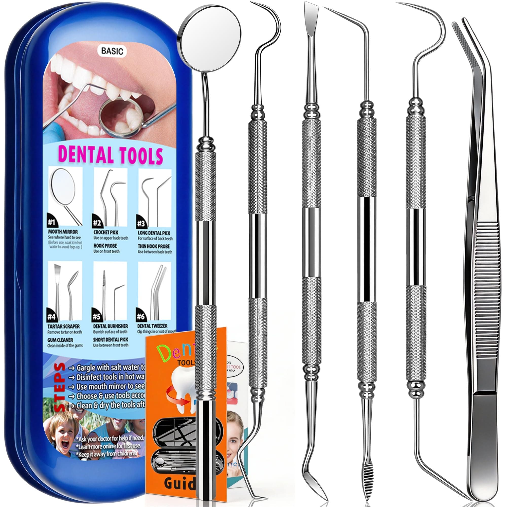 Dental Tools Plaque Remover Teeth Cleaning Tool﻿s Kit 6 Pcs Dental Care Kit Stainless Steel Dental Pick Tartar Remover Tool for Home/Travel/Pet Care-Storage Case Included