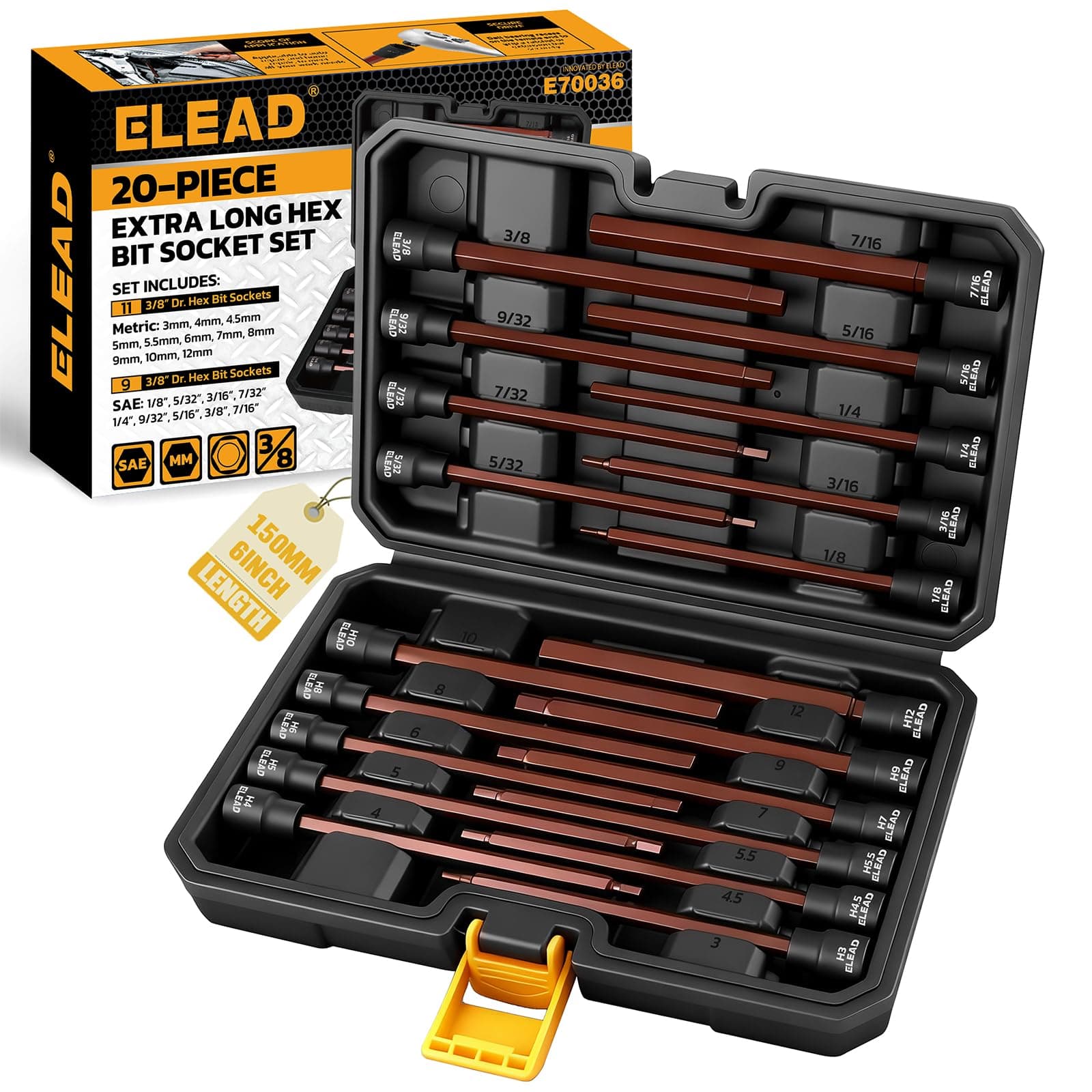 Extra-Long Allen Hex Bit Socket Set: 20-Piece 3/8 Inch Drive, 150mm S2 Steel, Standard SAE & Metric (1/8-Inch - 7/16-Inch, 3-12mm) for Impact Drills and Ratchet Wrenches