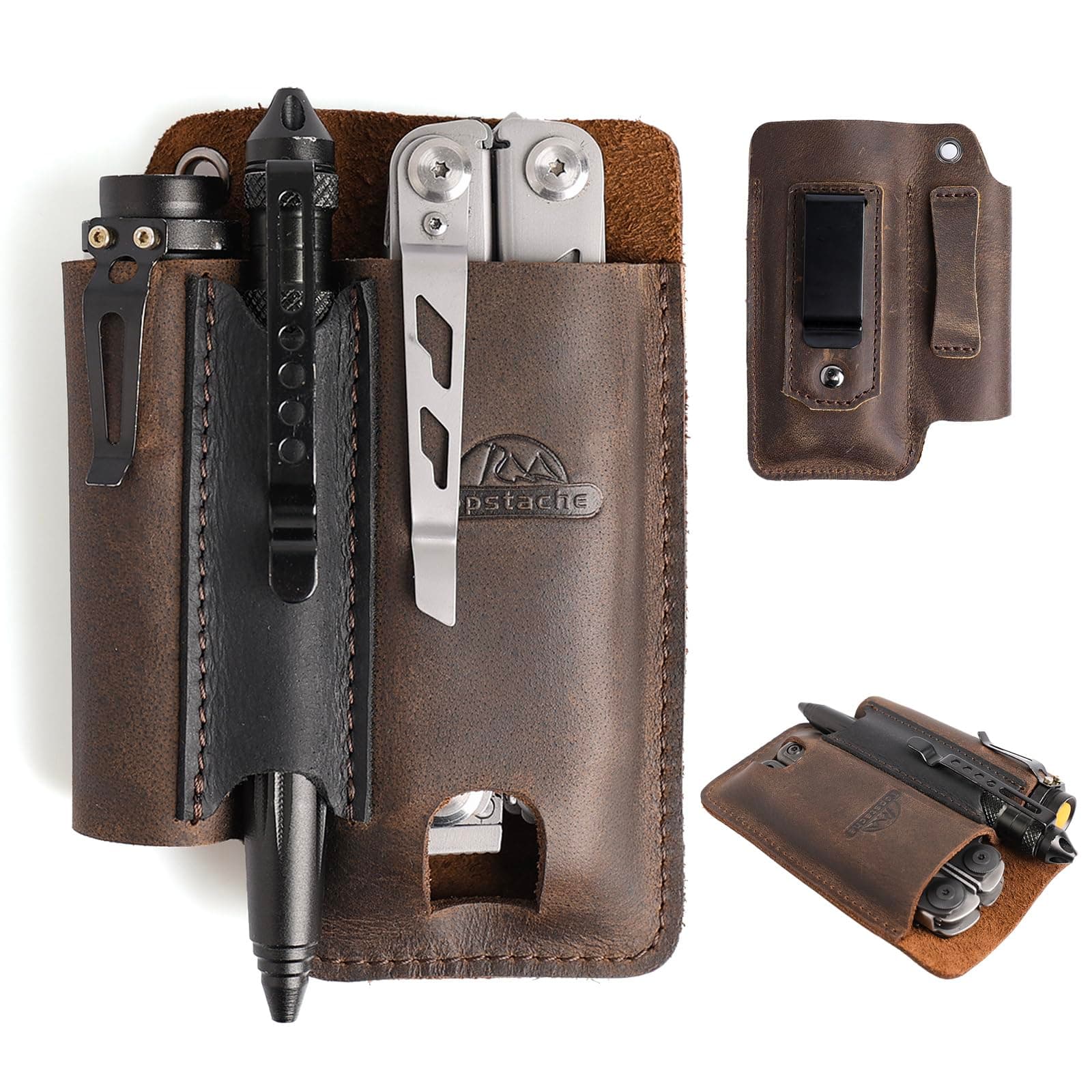 Topstache Leather Multitool Sheath with Belt Clip - Multitool Holster for Belt - EDC Belt Organizer Fits, Flashlight, Pen - Leather Pouch - Holder, Dark Brown