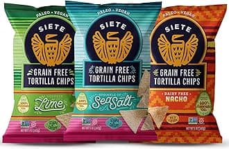 Grain Free Tortilla Chips | Gluten Free Chips | Paleo & Vegan Snacks | Non GMO | Variety Pack, Lime, Sea Salt, Nacho, 5 Ounce (Pack of 6)