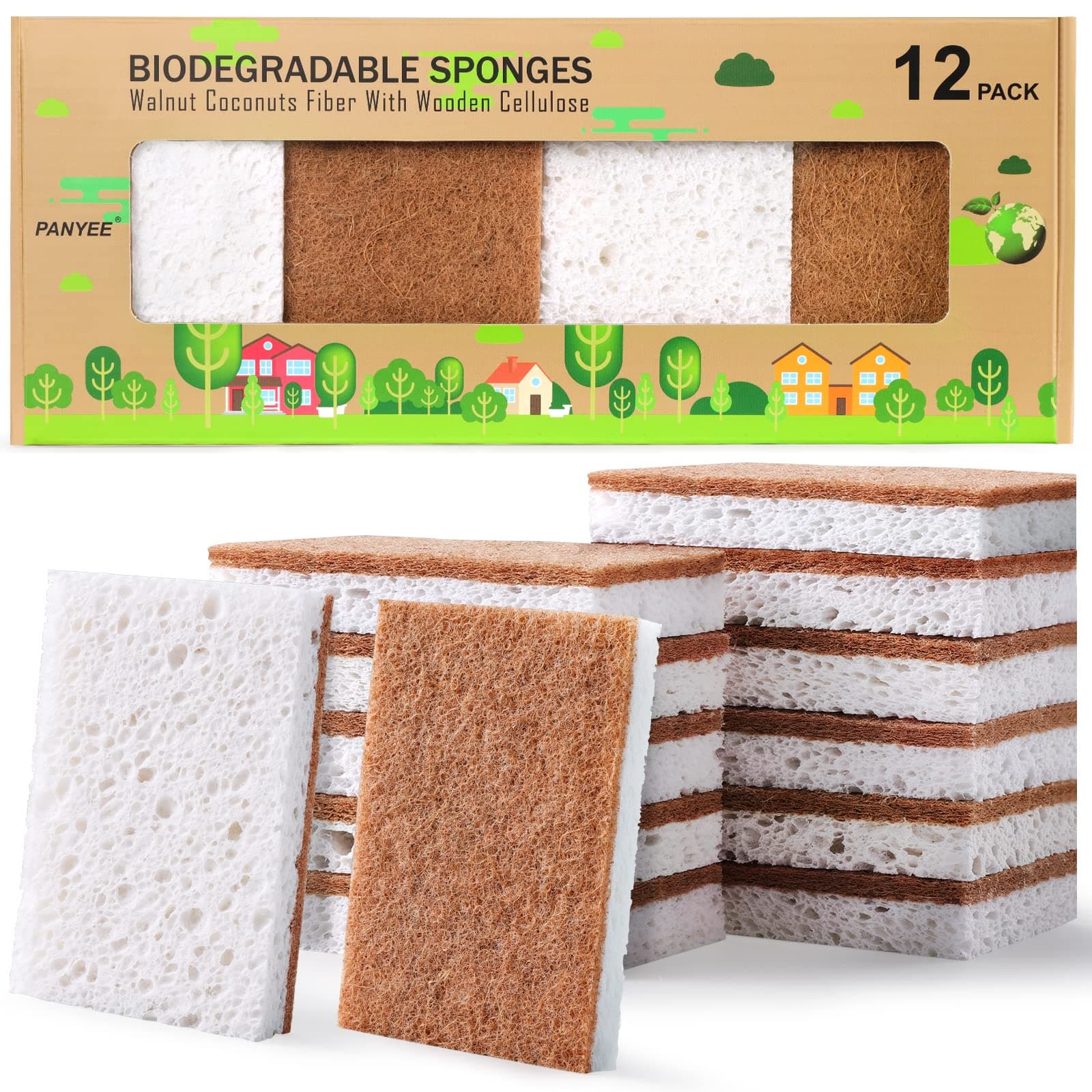 Biodegradable Natural Kitchen Sponge，Eco Friendly Sponges for Dishes,Compostable Cellulose Sponge with Natural Plant Based Coconut Walnut Sustainable Scrubber Pack of 12