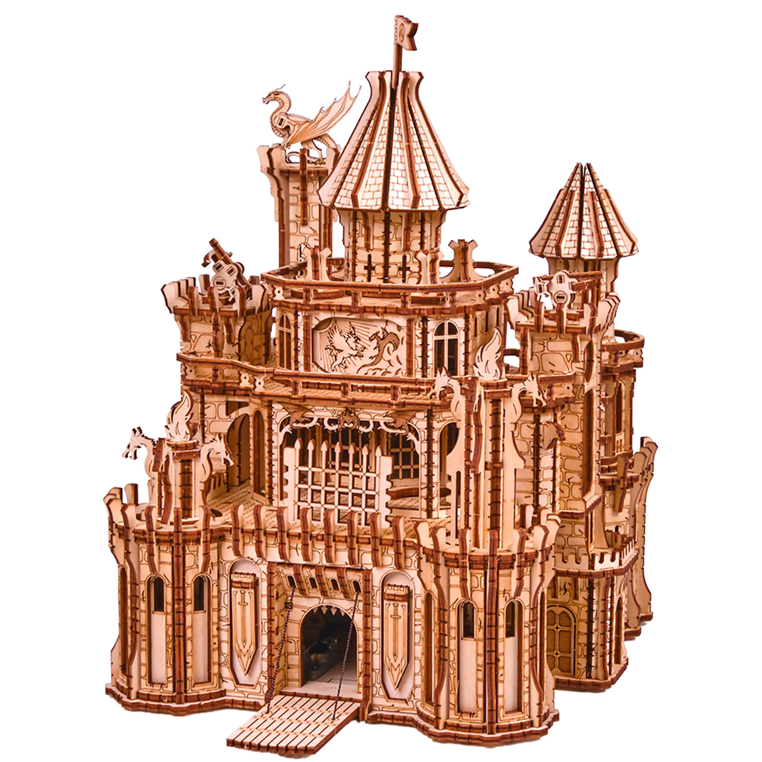 Wood Trick Dragon Castle Movable Wooden 3D Puzzles for Adults to Build - Red LED - Greensleeves Melody - Towers Rotating - Engineering DIY Project Mechanical Model Kits for Adults