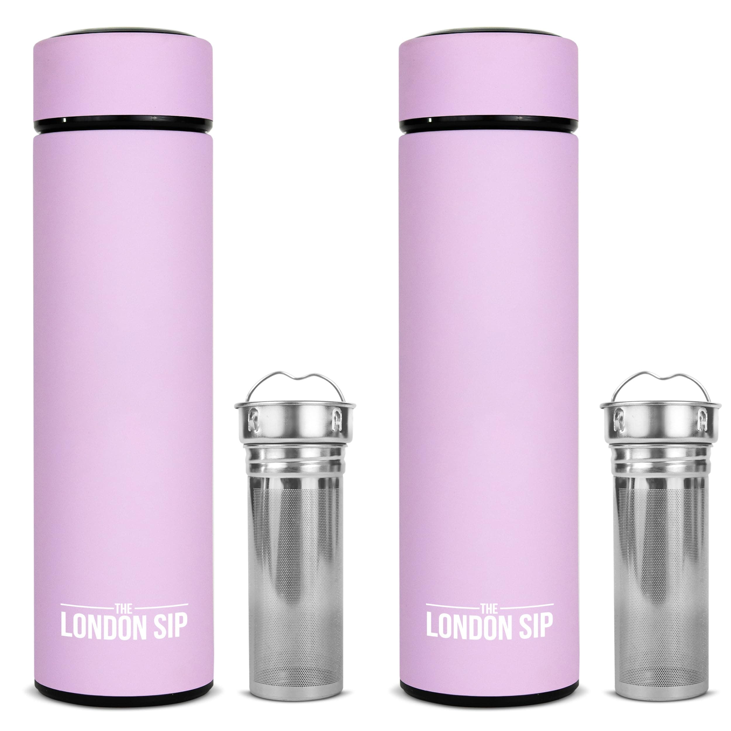 London Sip 16.9 oz Multi-Purpose Tea Infuser Mug – Fruit Infuser Water Bottle for Hot and Cold – Double Wall Stainless Steel Insulated, Gentle Lilac, Pack of 2