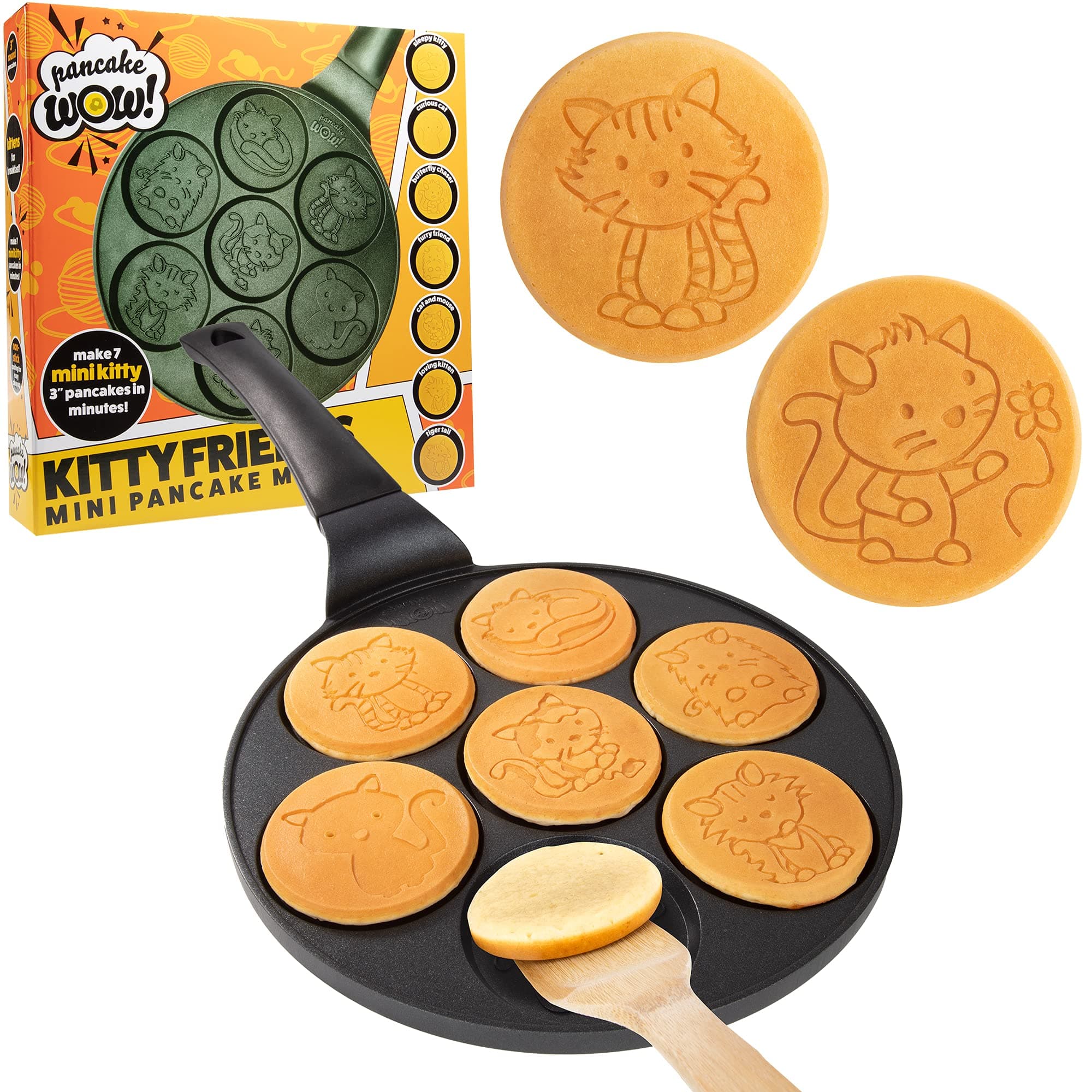 Kitty Friends Mini Pancake Pan - Make 7 Unique Flapjack Cat Designs, Nonstick Pan Cake Maker Griddle w Long Handle for Breakfast Animal Kitten Fun- Easy Cleanup, Fun Kids Gift or Party Dessert Treat