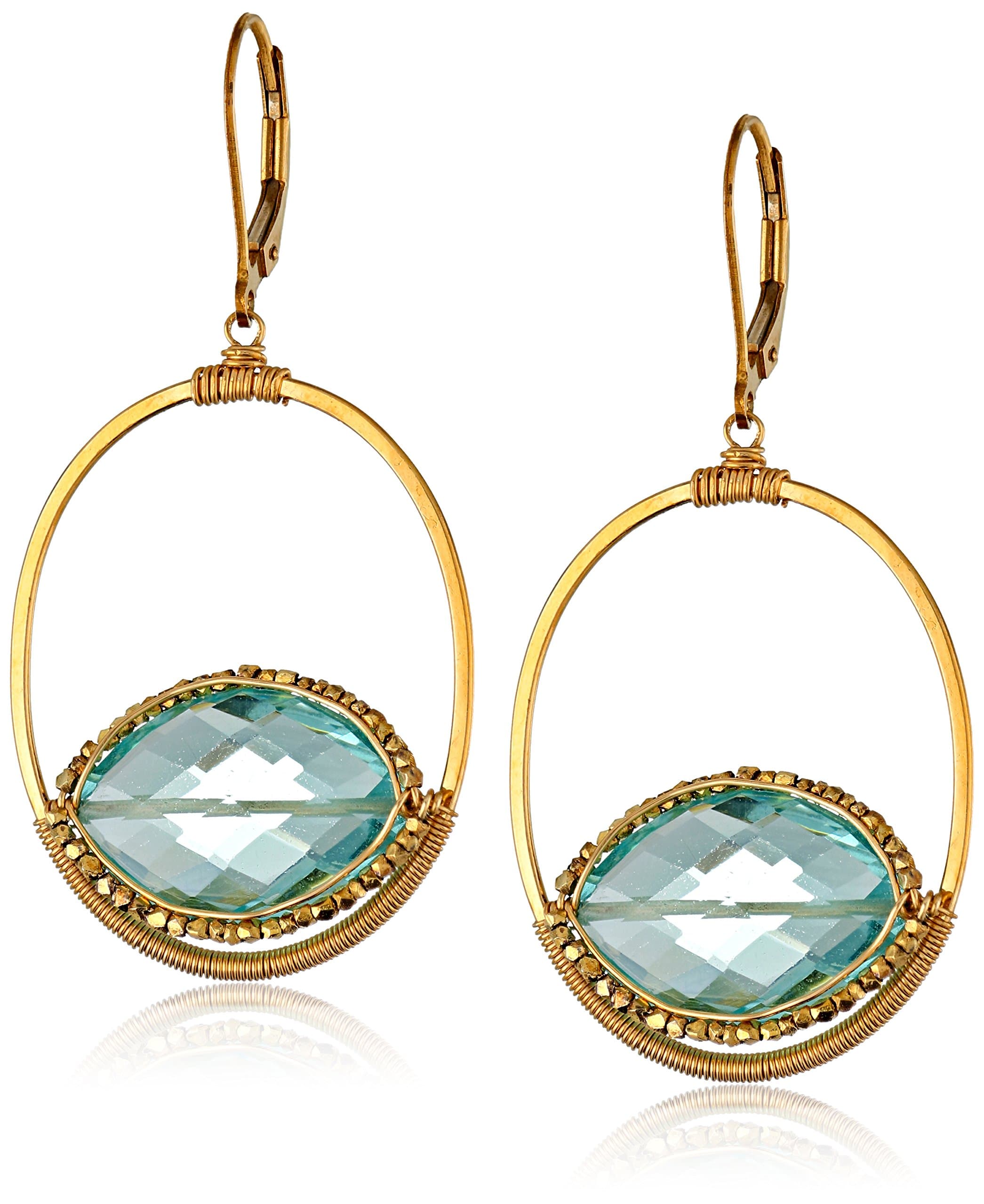 Open Hammered Oval with an Aqua Quartz and Hand Cut Gold Beads Drop Earrings