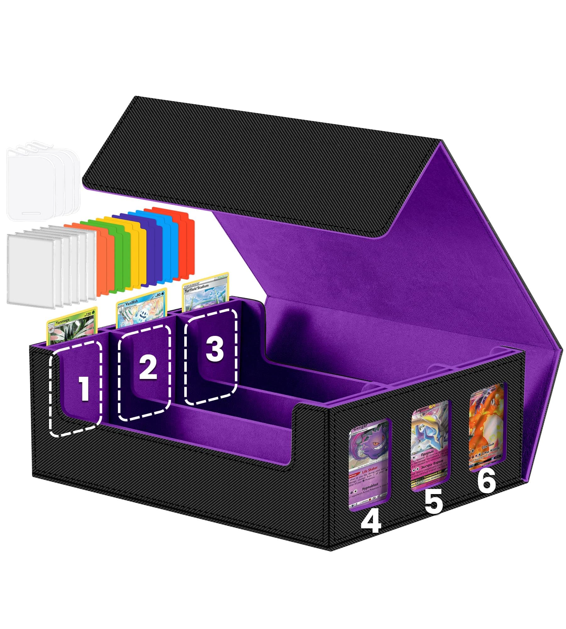 Trading Cards Storage Box - 6-Window Display 2400+ TCG Commander Deck Case with 6 Card Holders for Magic the Gathering YuGiOh Sports MTG TCG PICG Black and Purple