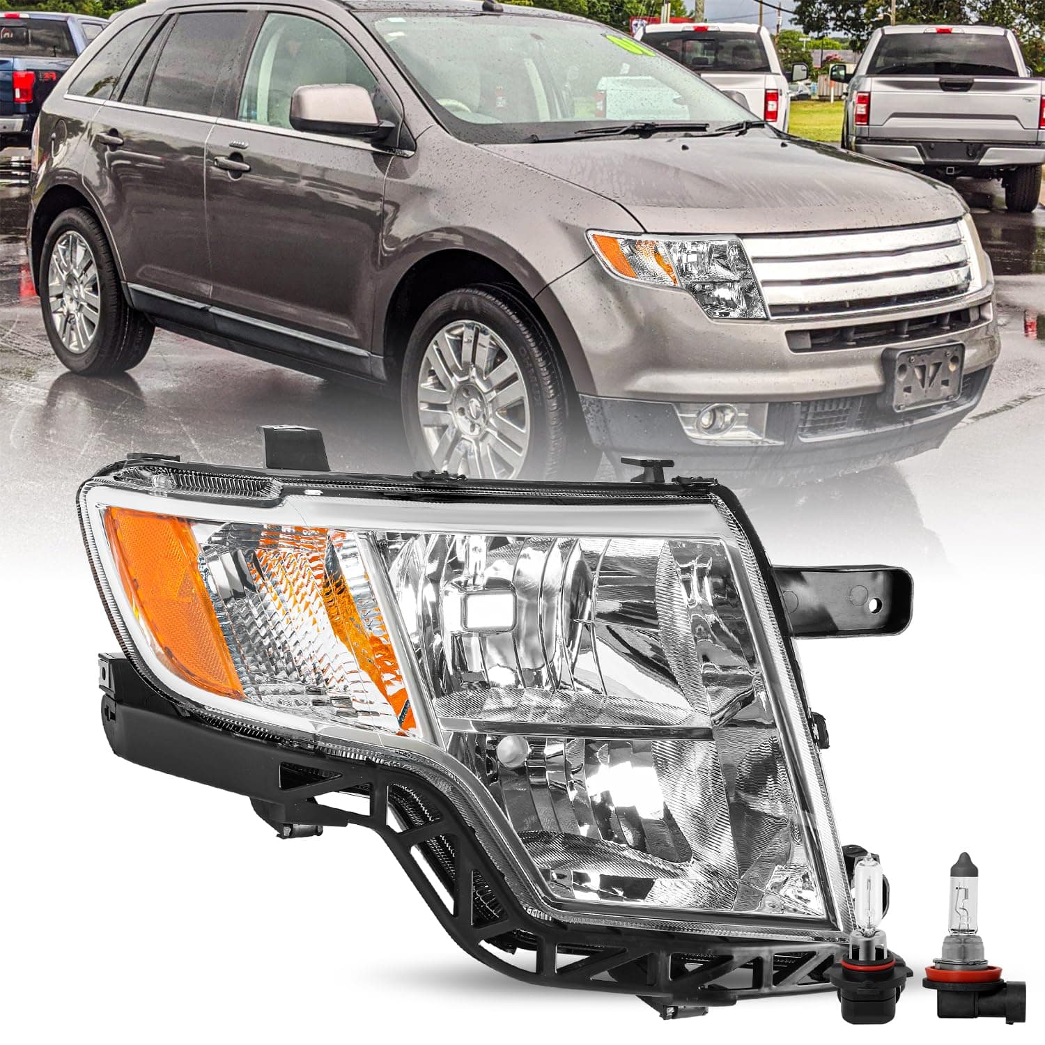 JSBOYAT Headlights Assembly w/Bulbs for 2007 2008 2009 2010 Ford Edge [Halogen Type] OEM Headlamp Replacement FO2503228 (Right Passenger Side)