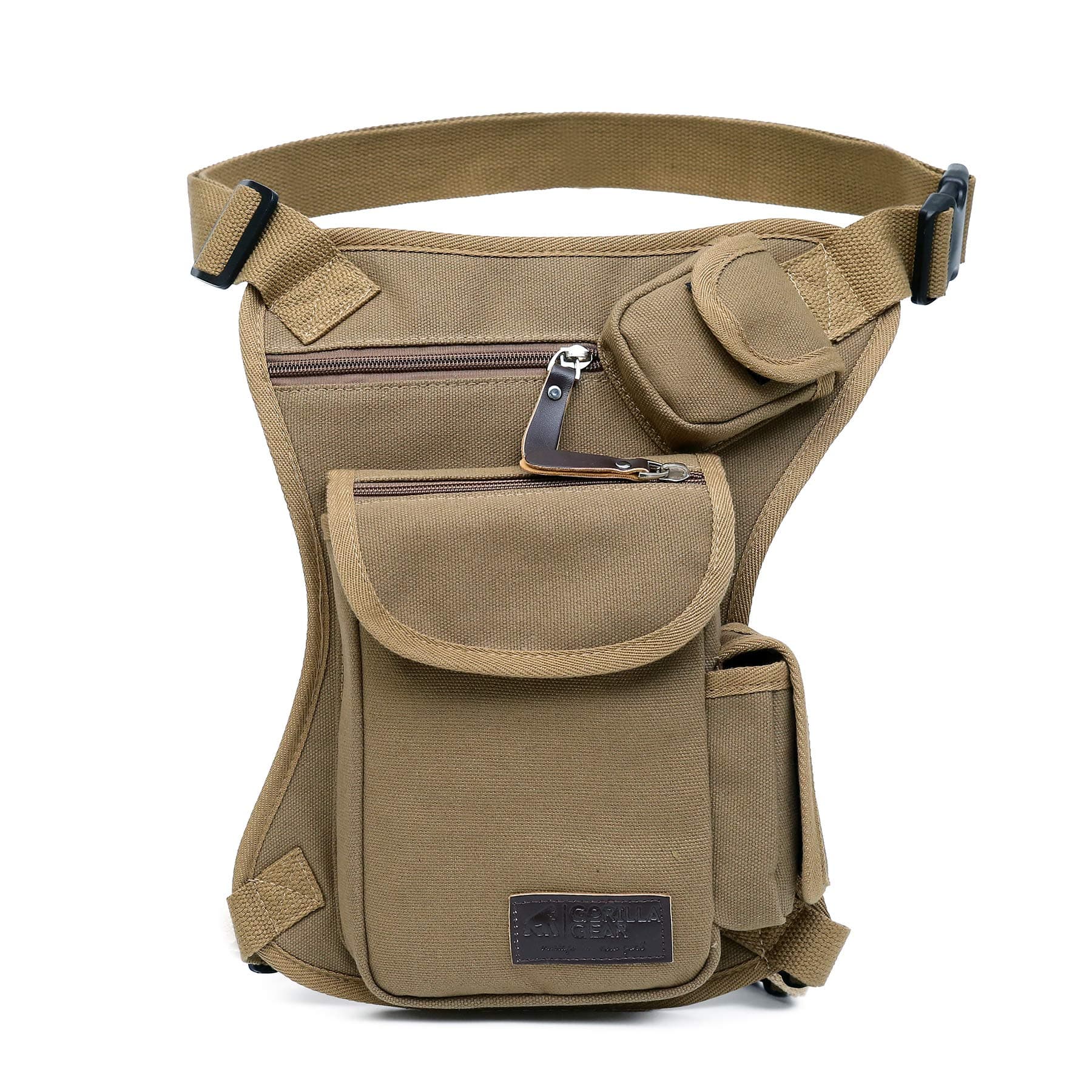 Tactical Hip Bag by Gorilla Gear – Men’s Multipurpose Drop Leg Fanny Pack – Motorcycle Pouch – Sturdy Design – Multiple Practical Pockets – Adjustable Waist and Leg Strap - Khaki