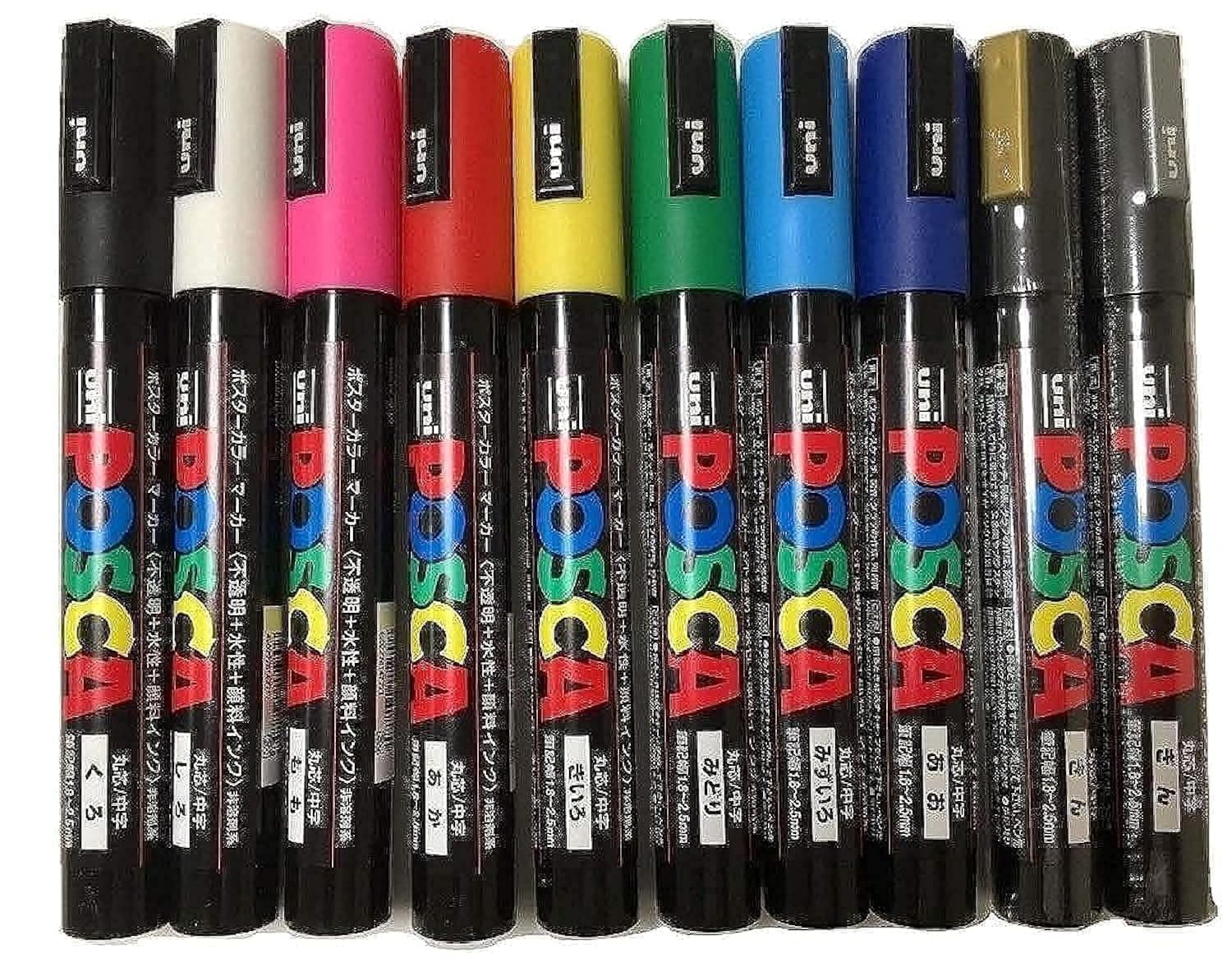 Posca Uni-ball Pc-5m [10 Pen Set] Includes 1 of Each - Black, White, Pink, Red, Yellow, Green, Blue, Light Blue, Silver and Gold