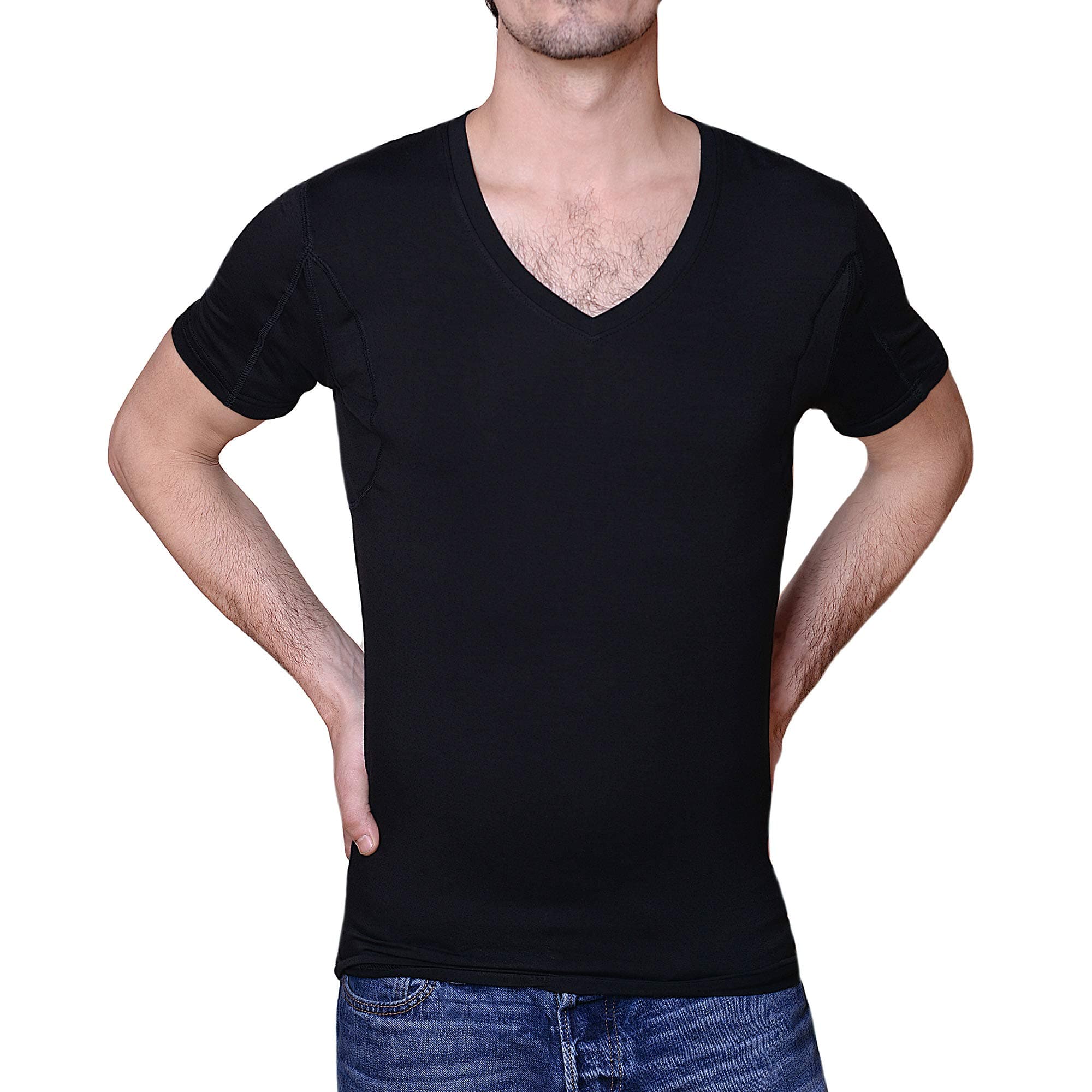 Sweatproof Undershirt for Men, V-Neck, Black, Sweat Pads