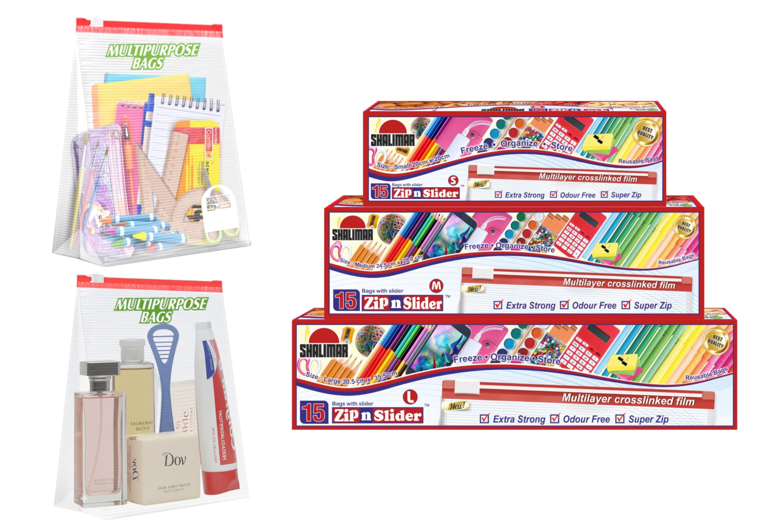 Zip Lock Slider Bag Combo Pack – Reusable & Reclosable – 45 Bags (Small + Medium + Large) – Zip Lock/Vegetable/Fridge/Multi-Purpose Storage Bags with Slider Lock