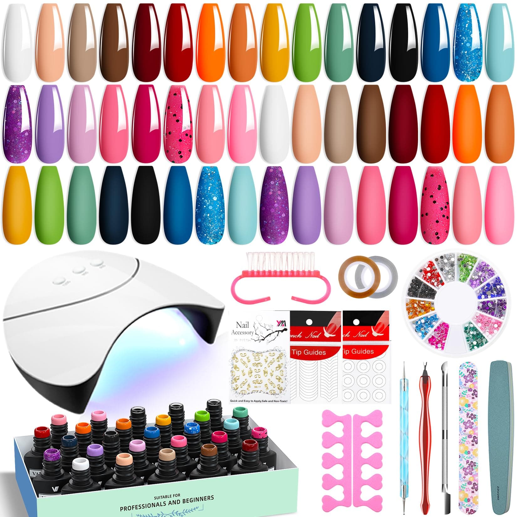 Semi-Permanent Complete Nail Polish Kit, 24 Colours UV Gel Polish with U V Lamp Base Top Mate Coat and Manicure Tools Kit Nail Gel U V Complete for All Seasons Gifts for Women