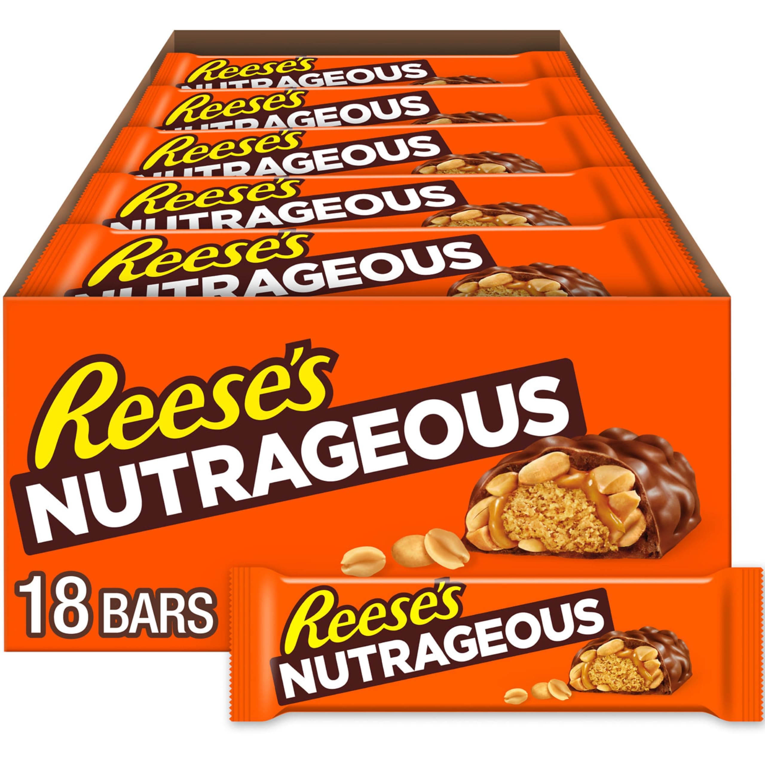 REESE'S NUTRAGEOUS Candy Bar, Milk Chocolate Covered Peanut Butter, Peanuts, and Caramel Candy Bar, 1.66 Ounce Bar (Pack of 18)