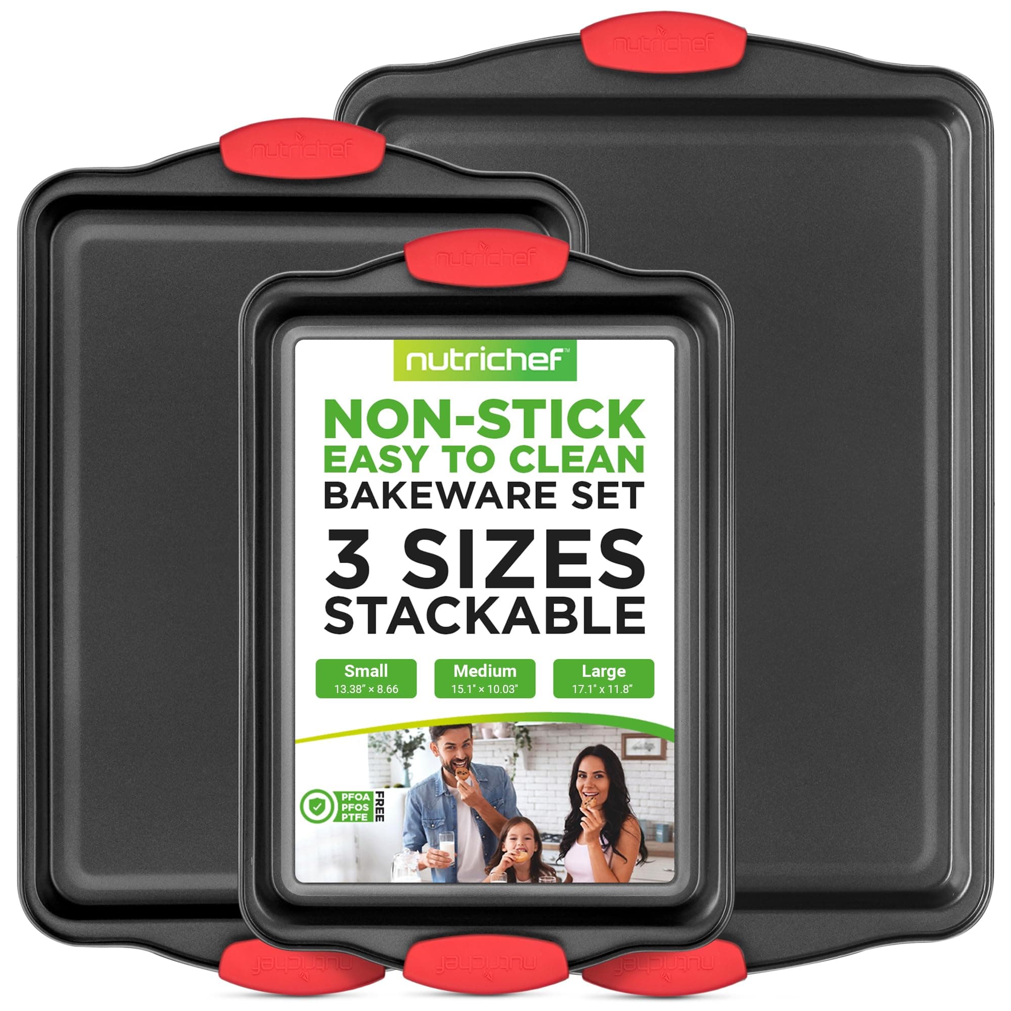 Baking Tray Set 3 Piece Non Stick Baking Trays for Oven Carbon Steel Baking Sheets Small Medium Large Oven Trays with Silicone Handles Stackable Bakeware for Cookies Cakes Roasting