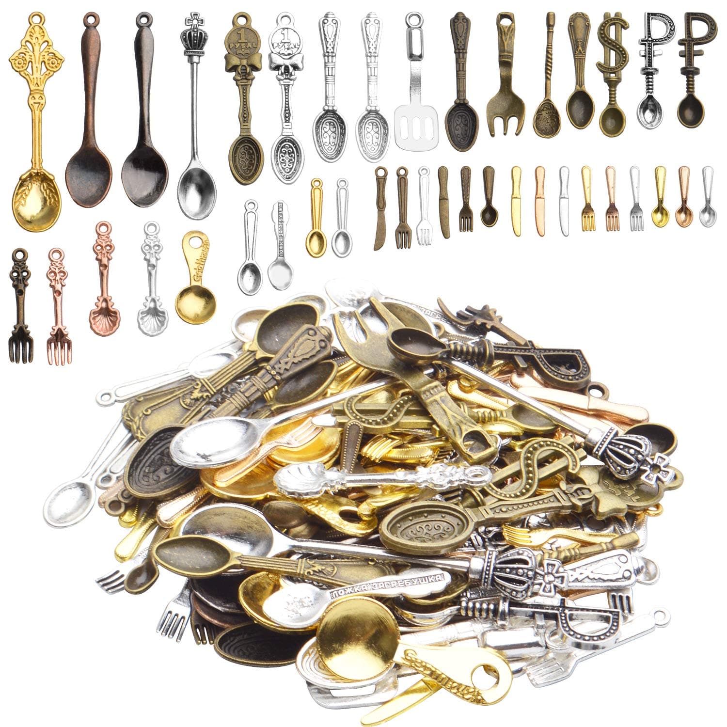 Tableware Charms,100g (80-120pcs) Fork Knife Spoon Tableware Pendants Mixed Kitchen Theme Charms Craft Supplies for DIY Necklace Bracelet