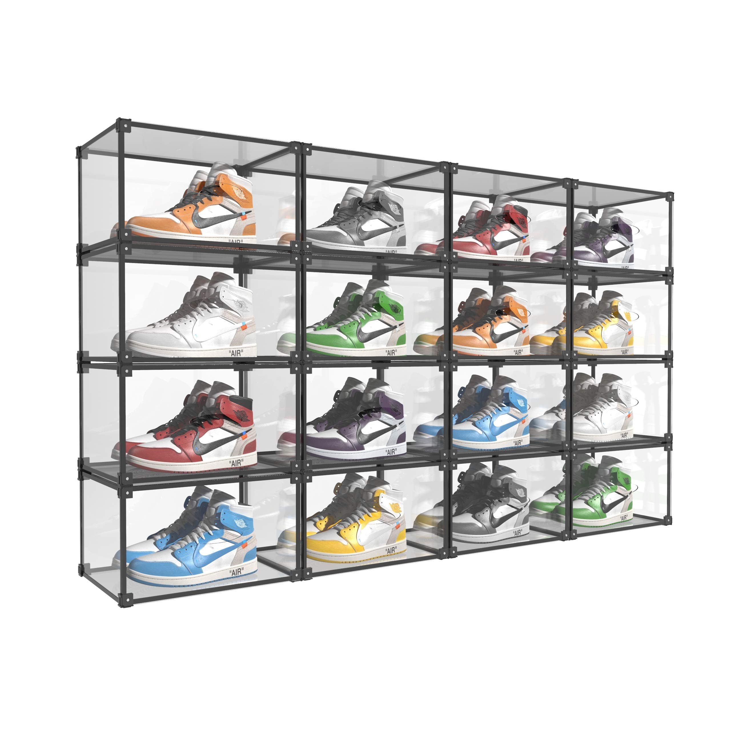 Transparent Plastic Storage Clear Shoe Display Case Box Organizer - Magnetic Side Open, 16PC (Black)