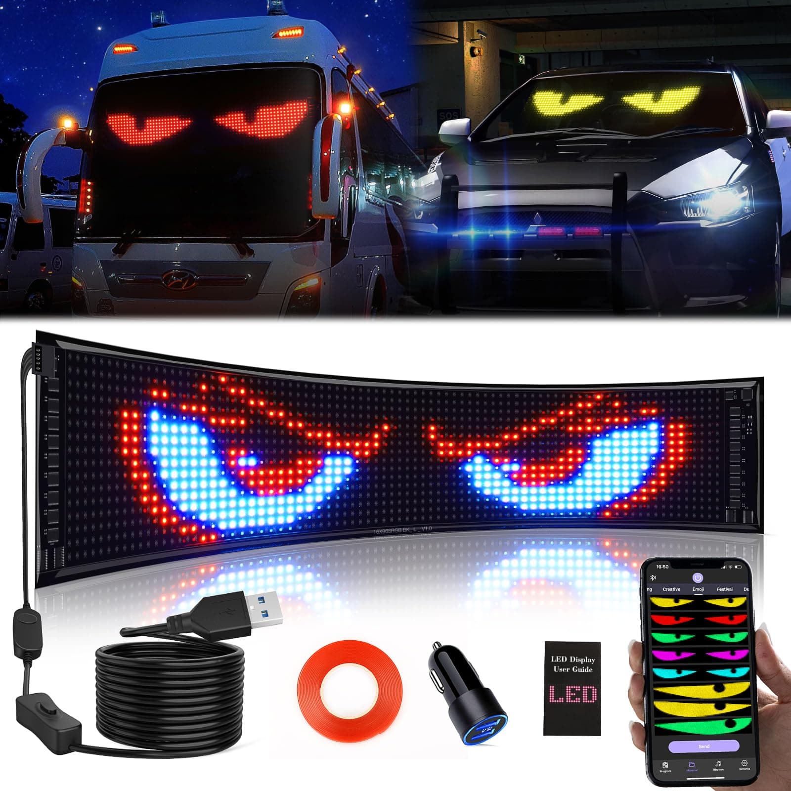 KJOY Huge Bright Devil Eyes LED Light for Car，23''x5'' Flexible Digital Scrolling LED Display，Bluetooth APP Control Custom Text Pattern Animation LED Store Sign for Car Business Hotel School（1pcs）