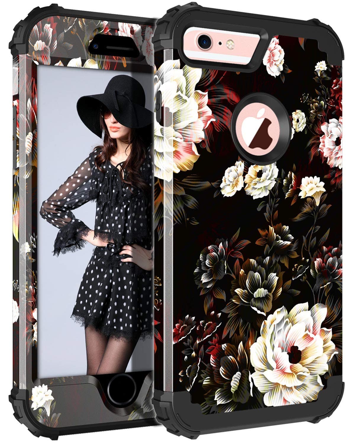 Pandawell Compatible iPhone 6s Plus Case 6 Plus Case Floral 3 in 1 Heavy Duty Hybrid High Impact Shockproof Protective Cover Case for Apple iPhone 6 Plus/6s Plus, Flower/Black