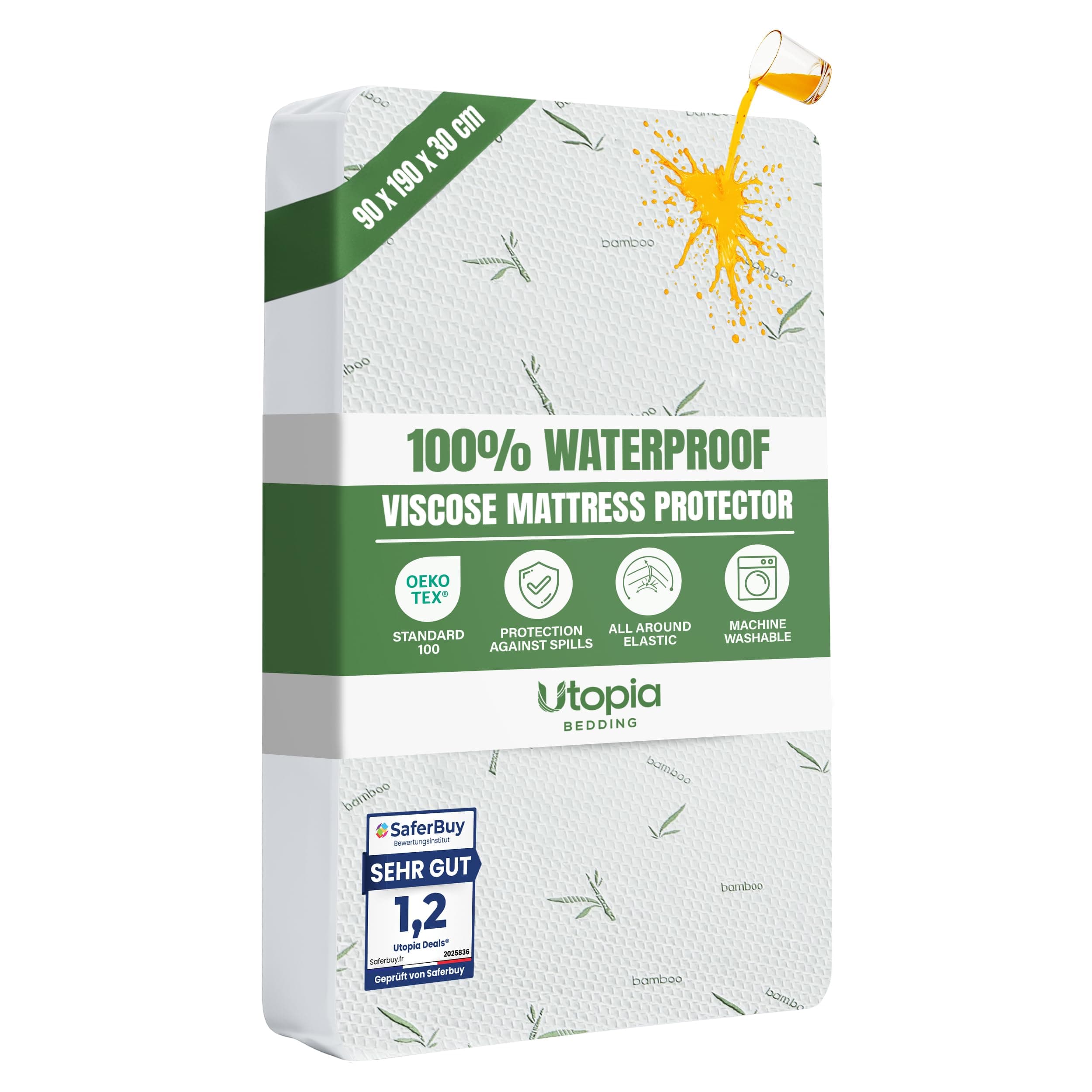 Utopia Bedding Waterproof Viscose Mattress Protector, Single Bed Size 90 x 190 x 30 cm, Premium Viscose Mattress Cover, OEKO-Tex Certified, Breathable and Machine Washable