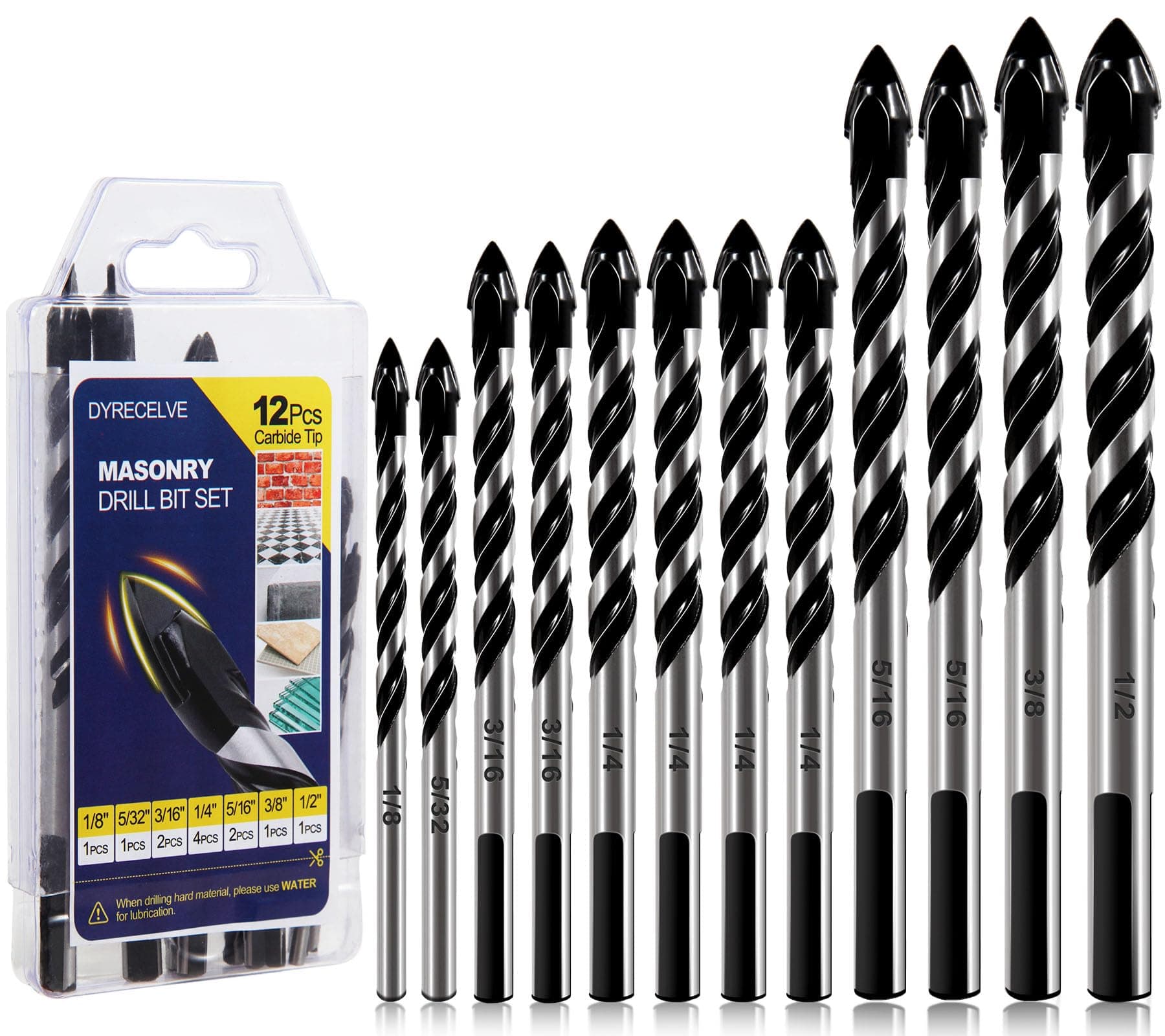 12-PCS Masonry Drill Bit Set & Concrete Drill Bit Set, 1/8 to 1/2 inch Professional Carbide Drill Bits Tip for Glass, Tile, Brick, Cement Concrete Plastic Wood etc. Masonry Drill Bits Set by DYRECELVE
