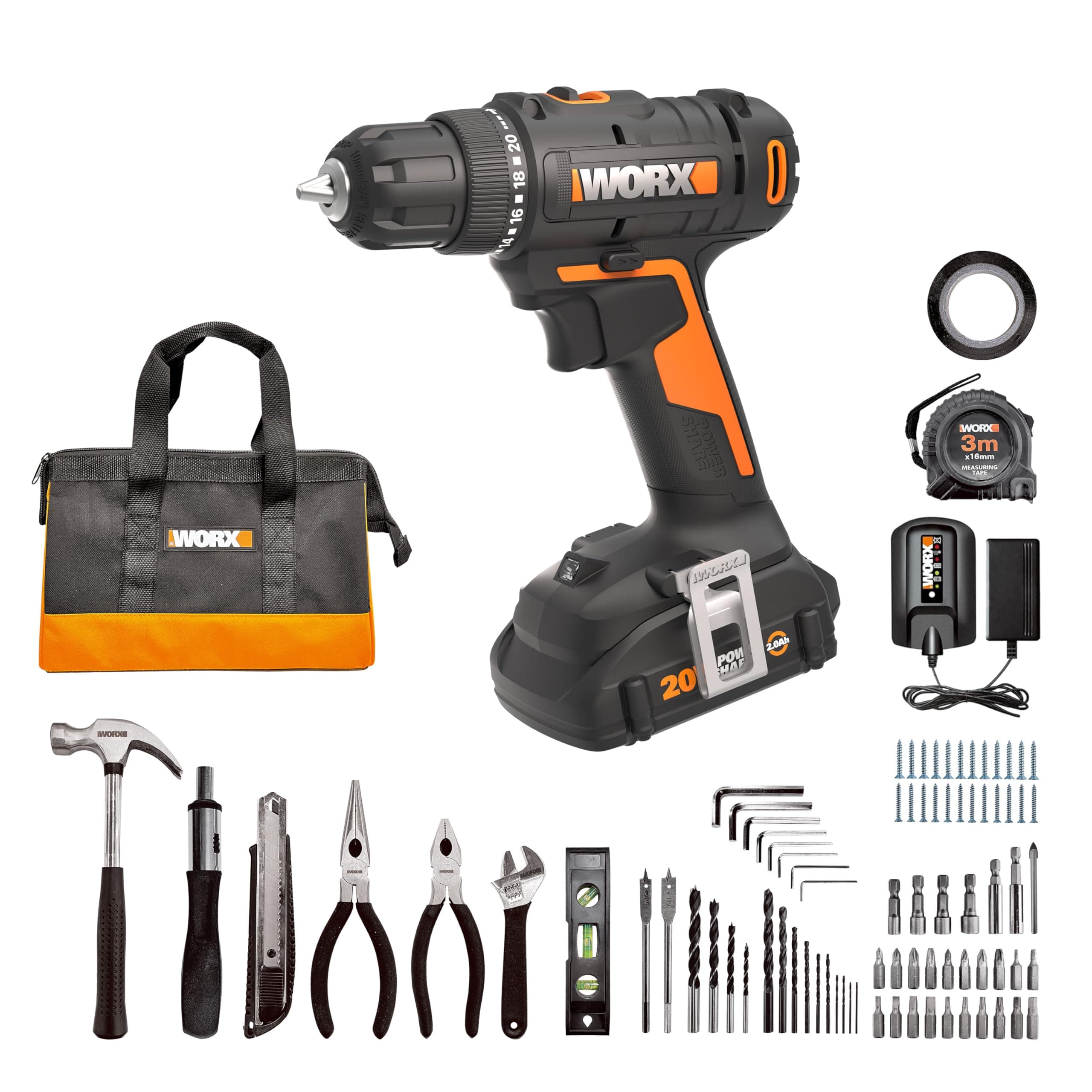 20V Cordless Drill Driver, 84pc Accessory Kit, Variable 2-Speed, 265 In-Lbs Torque, 20+1 Clutch, Lightweight, Compact, 3/8-Inch Keyless Chuck - Battery & Charger Included