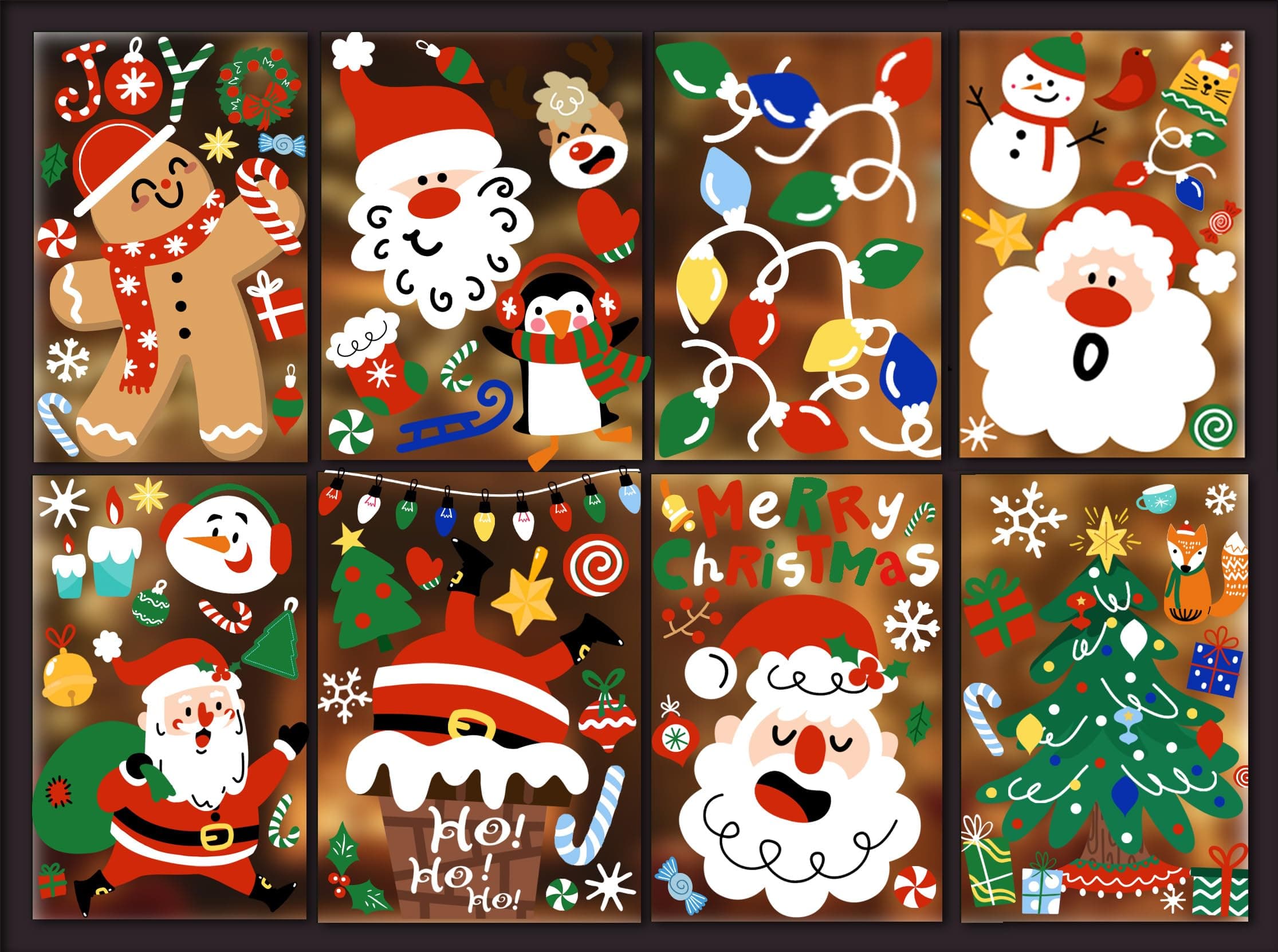 8 Sheets Christmas Window Clings - Double Side Santa, Xmas Tree, Gingerbread Man Decals - Winter Window Stickers for Home, Office, School Glass Decorations